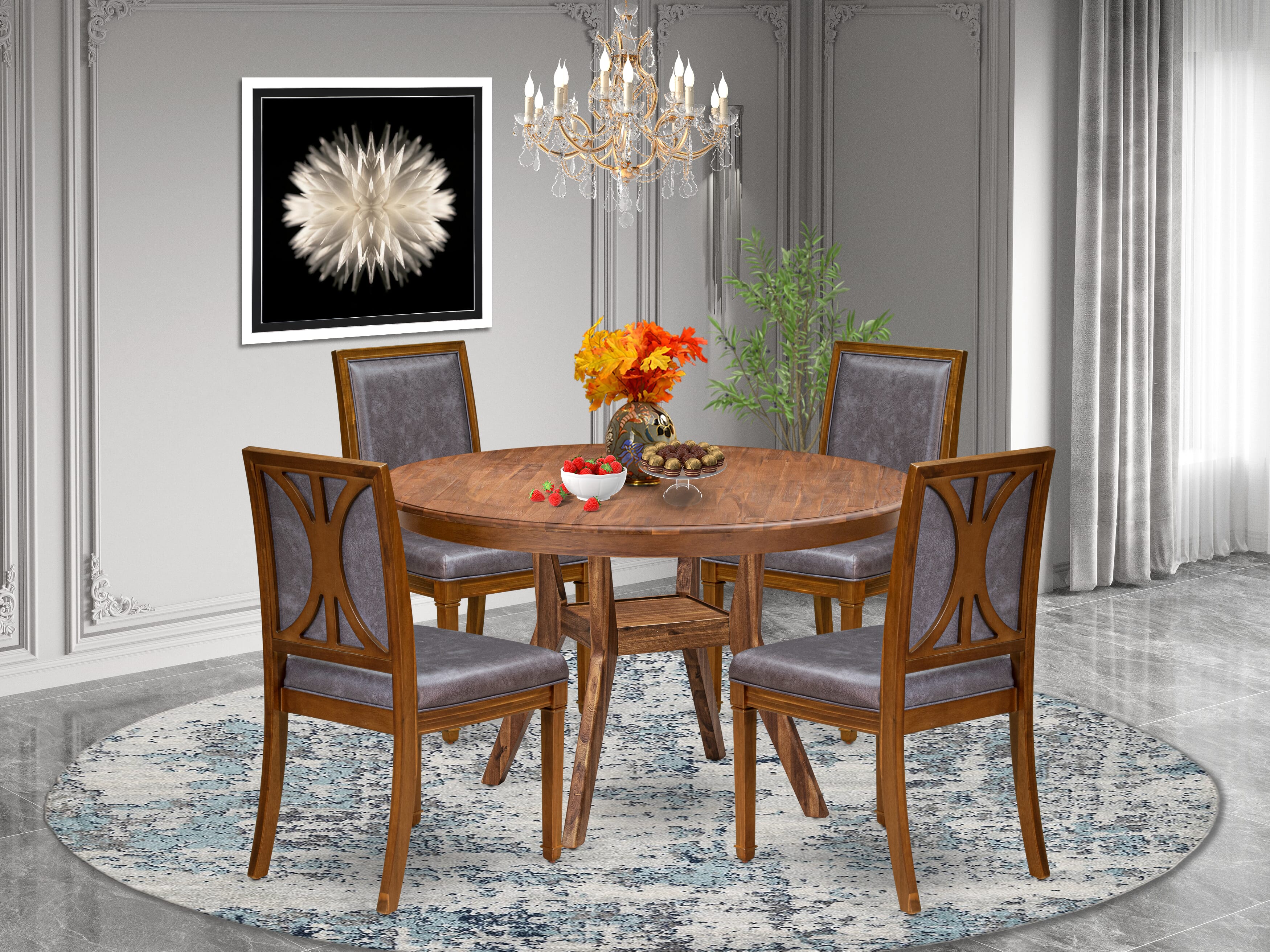 Luxe by East West Furniture - F8AM5-50N-34 5-Piece Kitchen Table Set Contains a Round Kitchen Table and 4 Beige Polyester Chairs with High Back, Antique Walnut Finish.