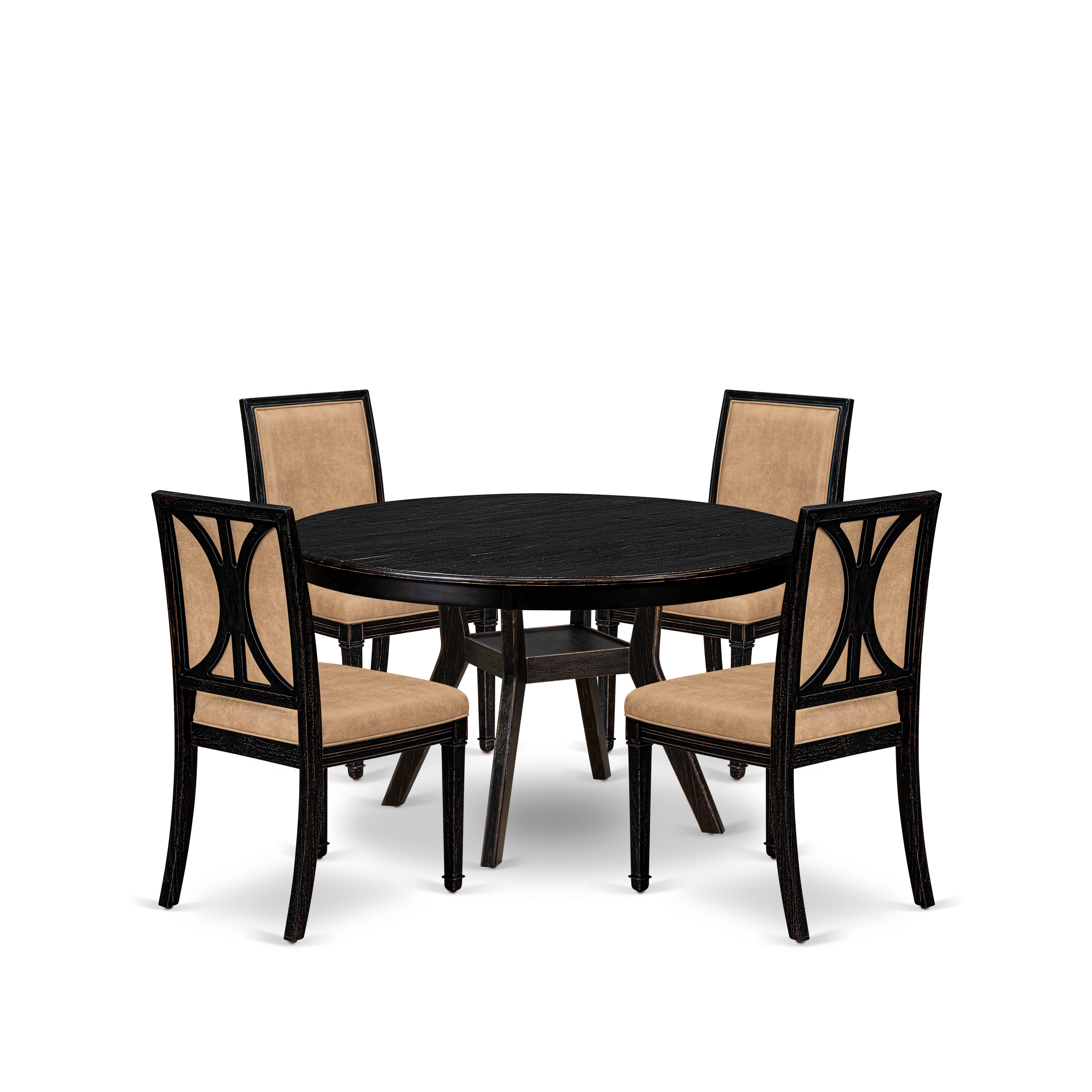 Luxe by East West Furniture - F8AM5-511-28 5-Piece Dining Set Includes a Round Dining Room Table and 4 Dark Gray Polyester Chairs with High Back, Sand Blasting Black Finish.