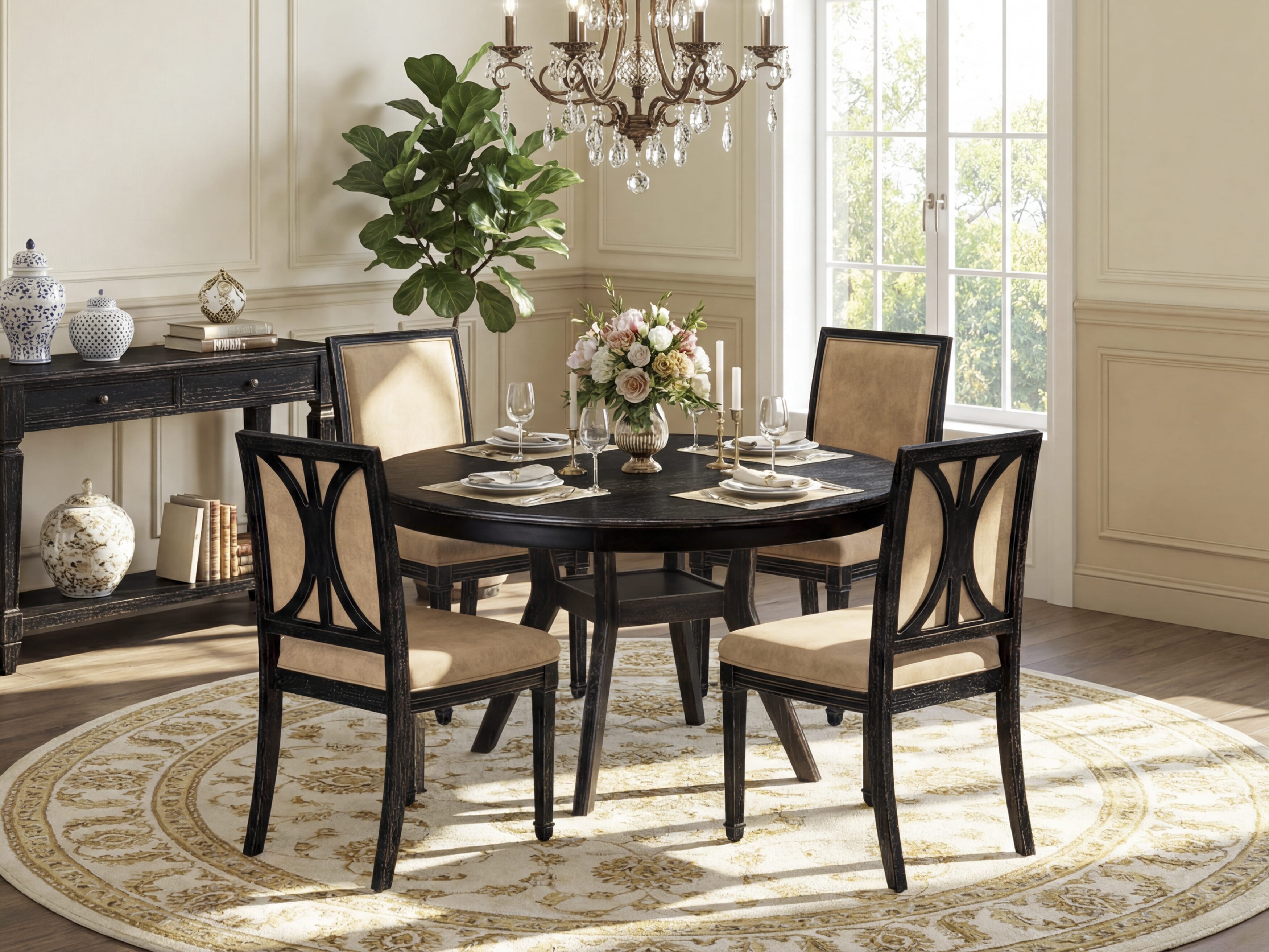Luxe by East West Furniture - F8AM5-511-28 5-Piece Dining Set Includes a Round Dining Room Table and 4 Dark Gray Polyester Chairs with High Back, Sand Blasting Black Finish.