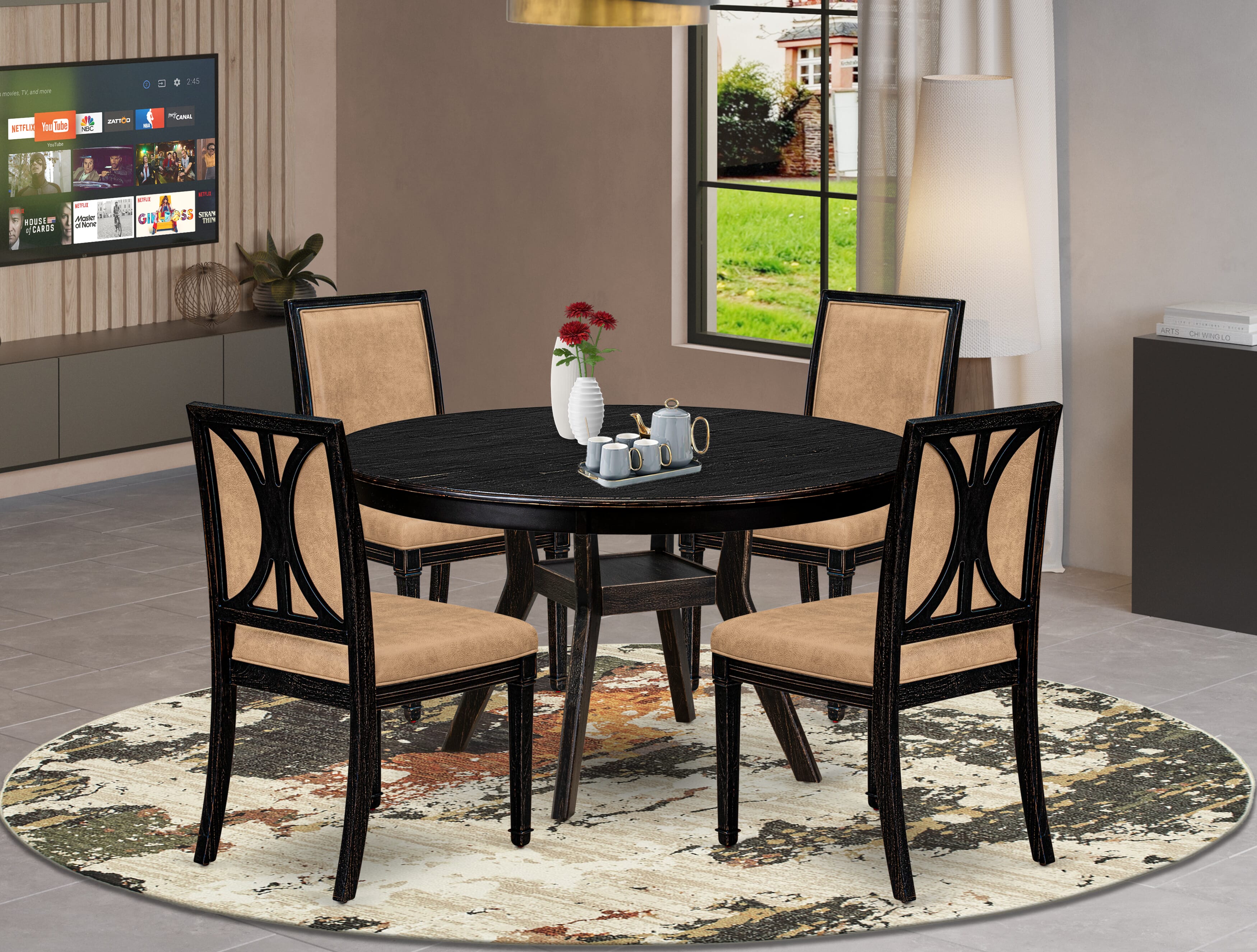 Luxe by East West Furniture - F8AM5-511-28 5-Piece Dining Set Includes a Round Dining Room Table and 4 Dark Gray Polyester Chairs with High Back, Sand Blasting Black Finish.
