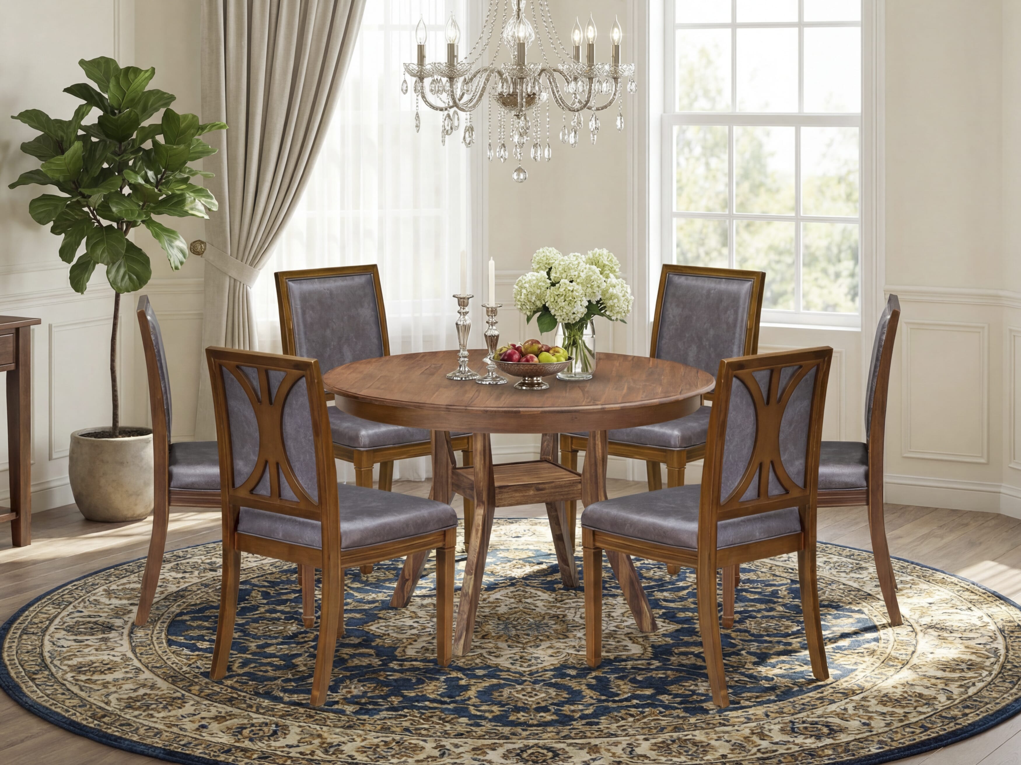 Luxe by East West Furniture - F8AM7-40N-34 7-Piece Dining set includes a Round Dining table and 6 Dark Grey Faux Leather Chairs with High Back, Antique Walnut Finish.