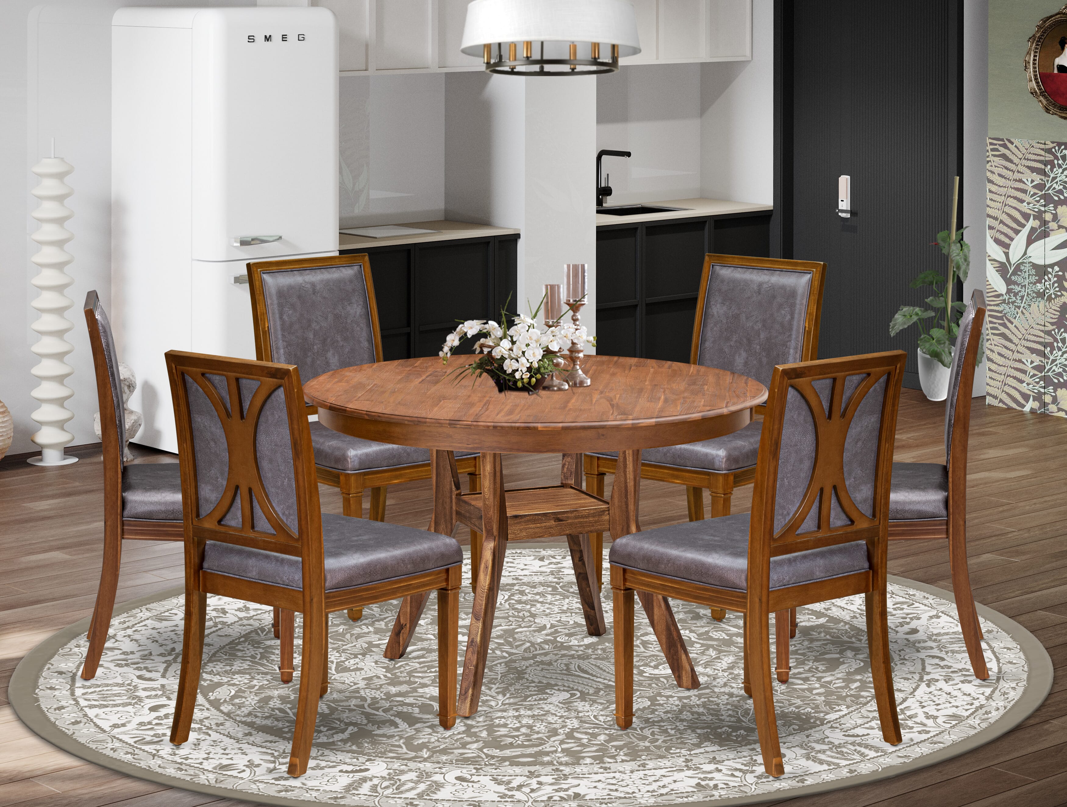 Luxe by East West Furniture - F8AM7-40N-34 7-Piece Dining set includes a Round Dining table and 6 Dark Grey Faux Leather Chairs with High Back, Antique Walnut Finish.