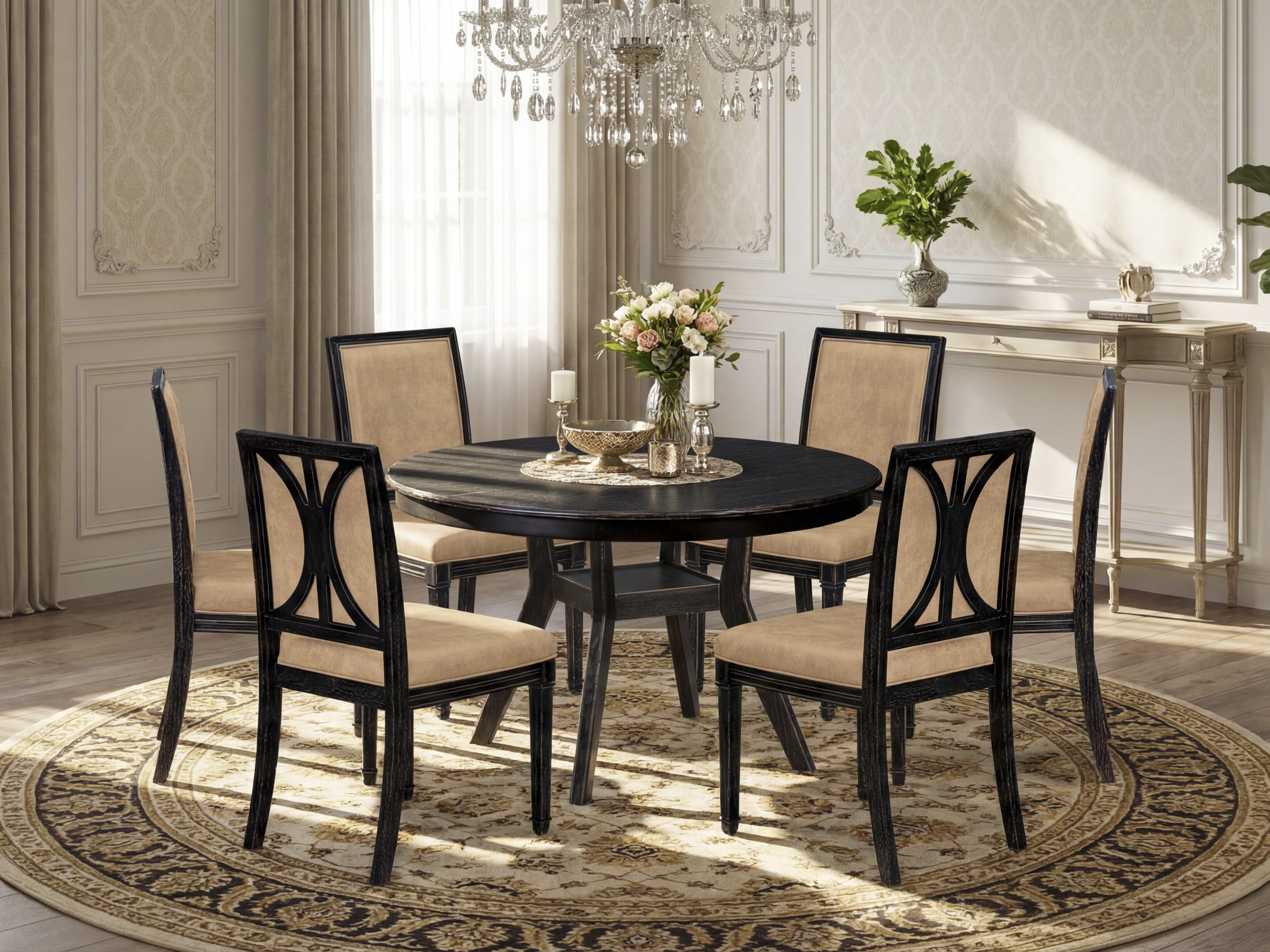 Luxe by East West Furniture - F8AM7-411-28 7-Piece Dining Room Set Consists of a Round Dining Table and 6 Beige Polyester Chairs with High Back, Sand Blasting Black Finish.