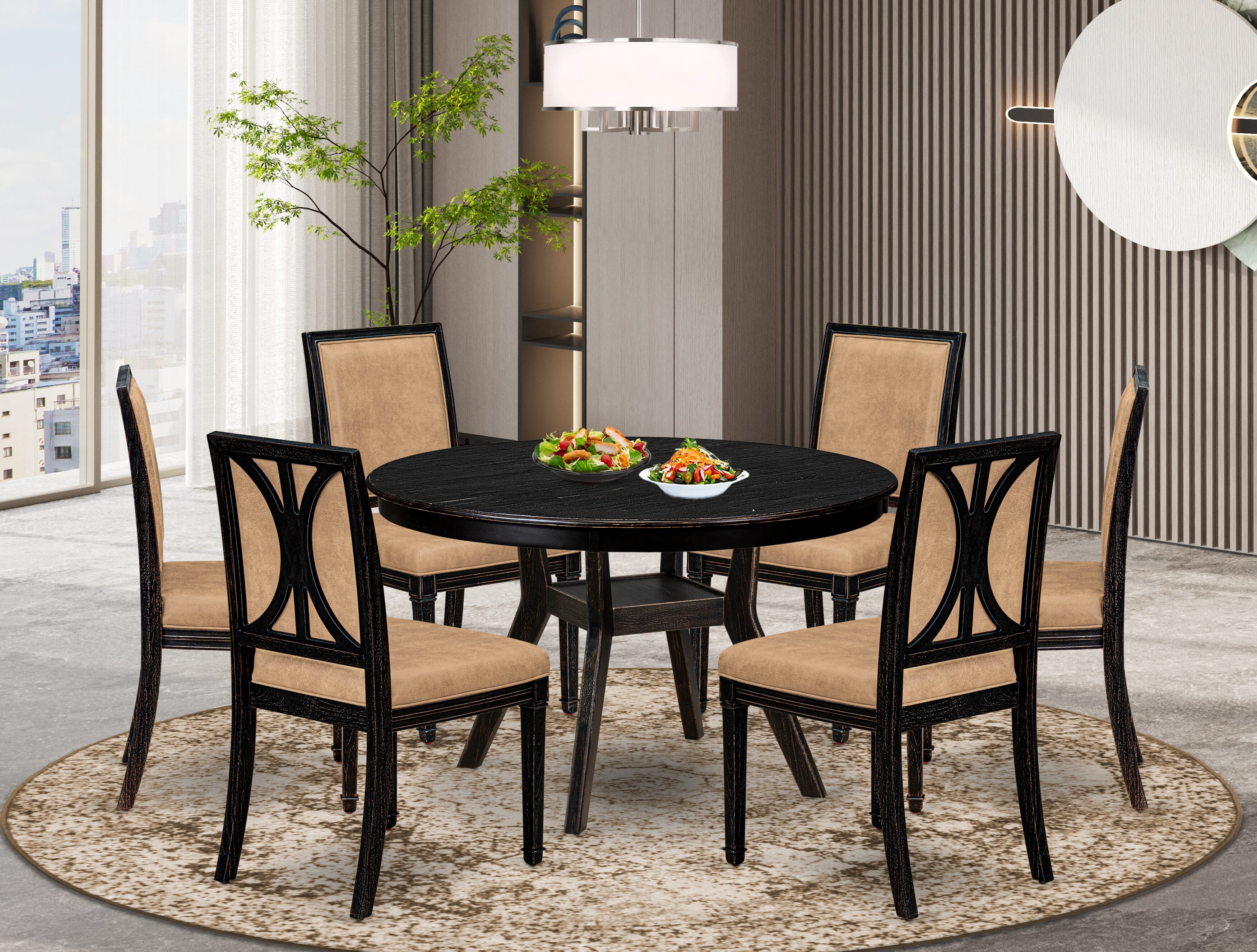 Luxe by East West Furniture - F8AM7-411-28 7-Piece Dining Room Set Consists of a Round Dining Table and 6 Beige Polyester Chairs with High Back, Sand Blasting Black Finish.