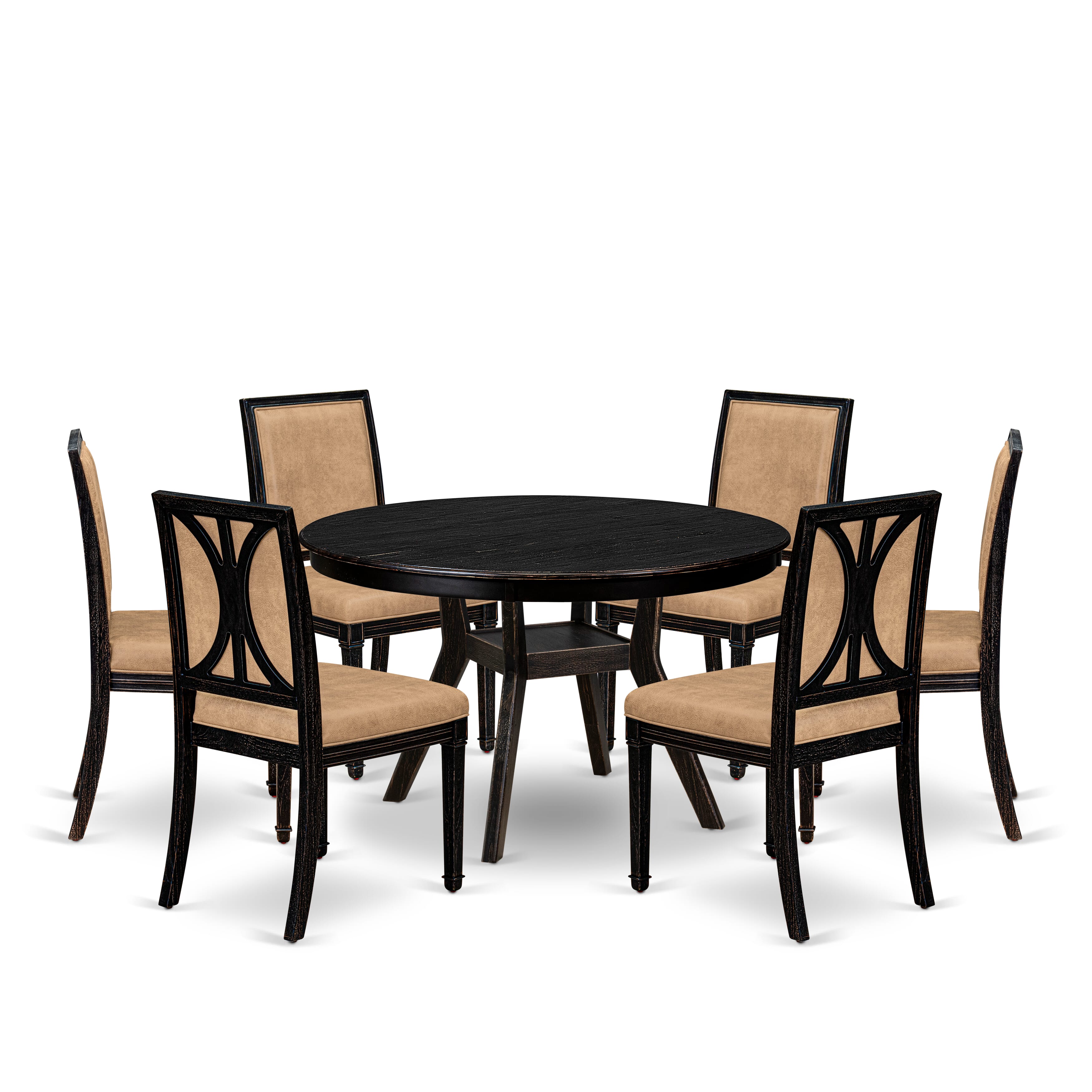 Luxe by East West Furniture - F8AM7-411-28 7-Piece Dining Room Set Consists of a Round Dining Table and 6 Beige Polyester Chairs with High Back, Sand Blasting Black Finish.