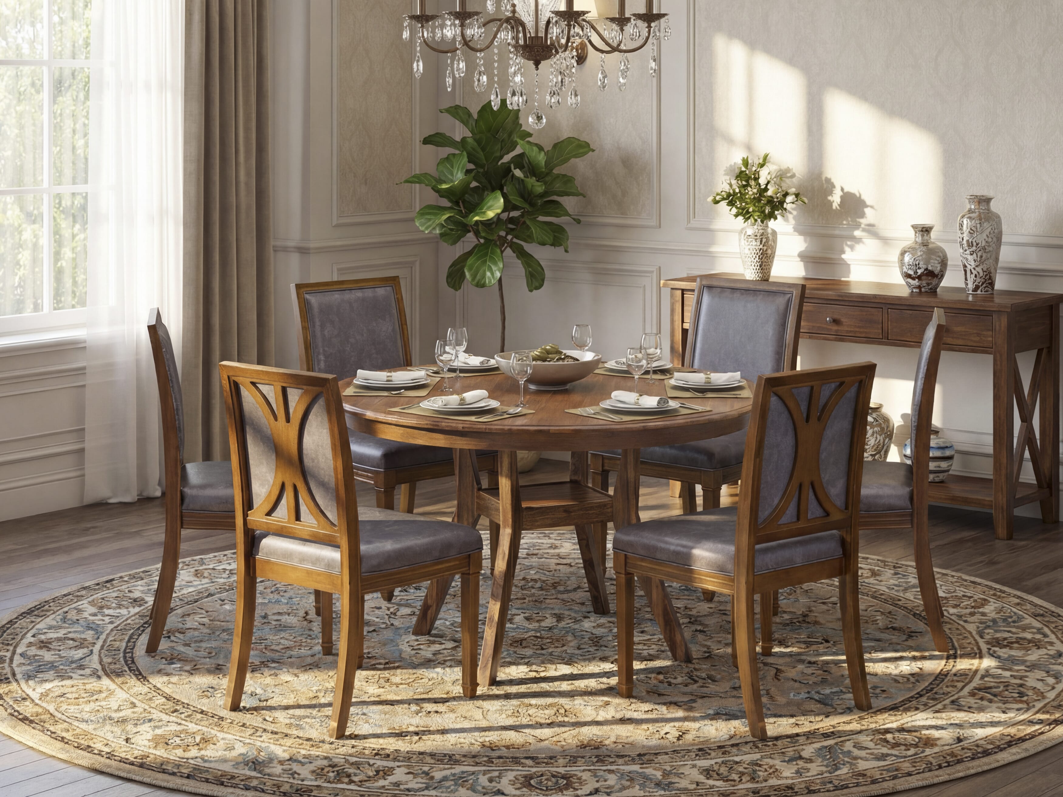 Luxe by East West Furniture - F8AM7-50N-34 7-Piece Table Set Contains a Round Dinner Table and 6 Beige Polyester Chairs with High Back, Antique Walnut Finish.