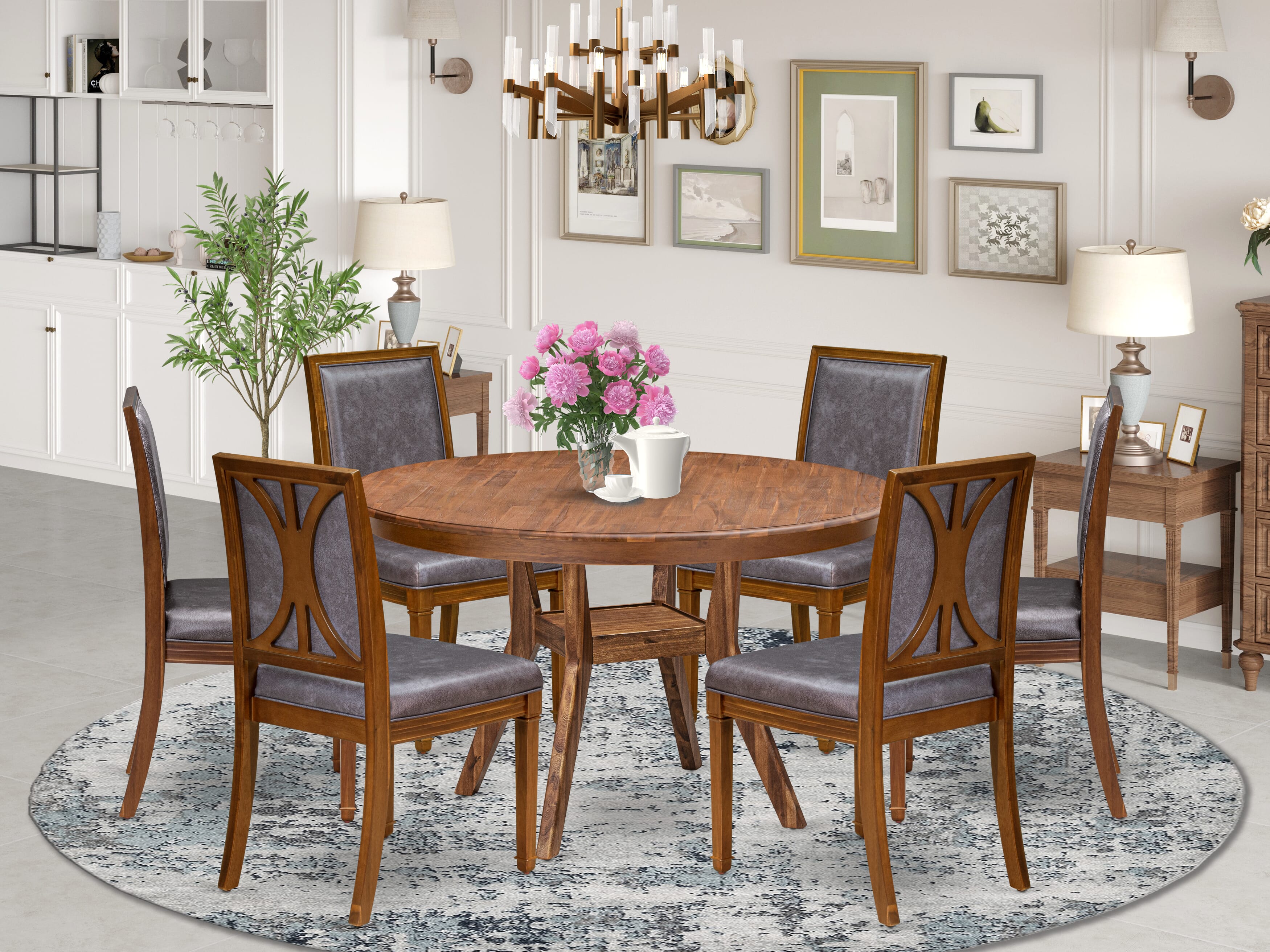 Luxe by East West Furniture - F8AM7-50N-34 7-Piece Table Set Contains a Round Dinner Table and 6 Beige Polyester Chairs with High Back, Antique Walnut Finish.