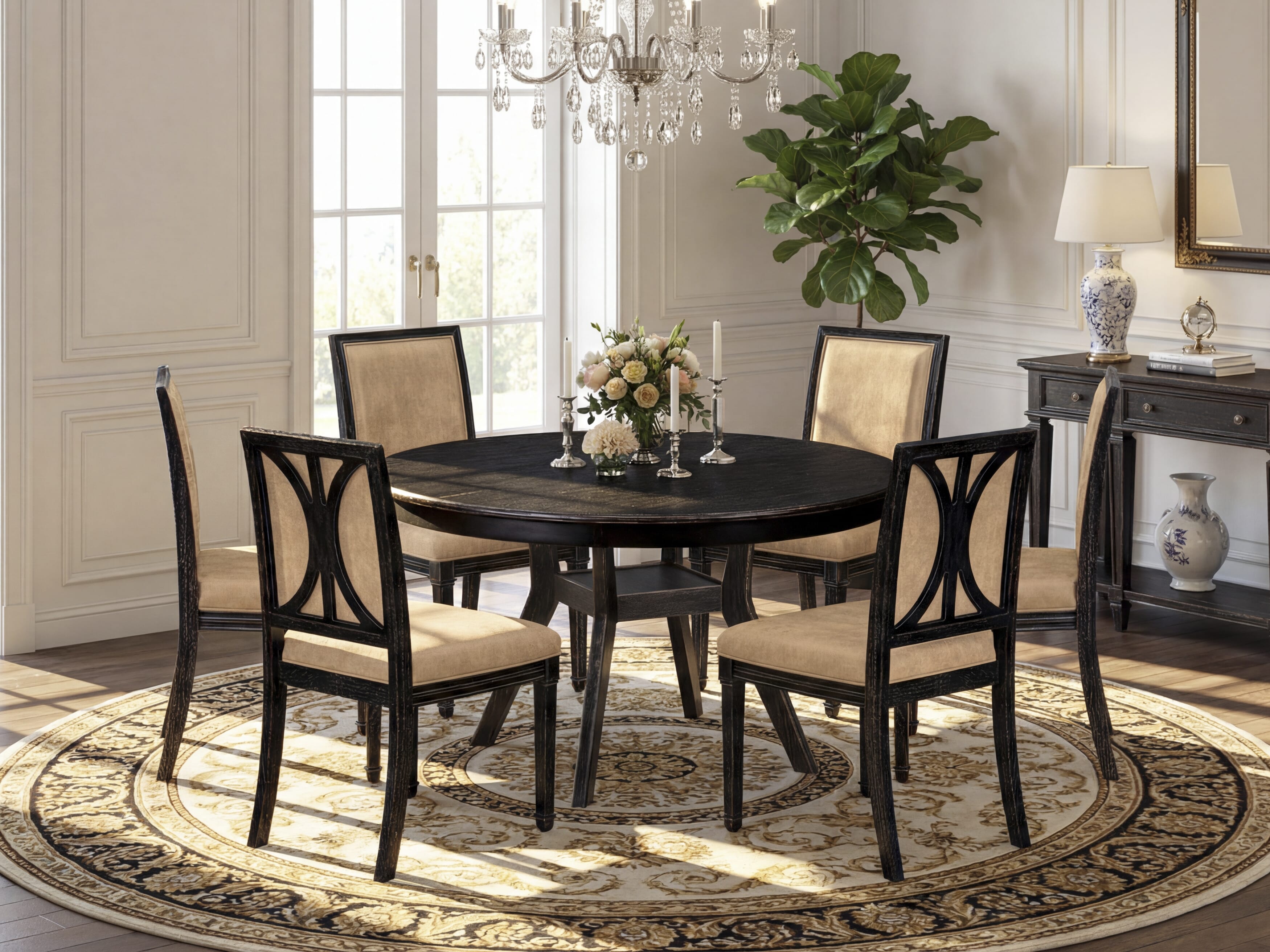 Luxe by East West Furniture - F8AM7-511-28 7-Piece Modern Dining Table Set Includes a Round Wood Table and 6 Dark Gray Polyester Chairs with High Back, Sand Blasting Black Finish.