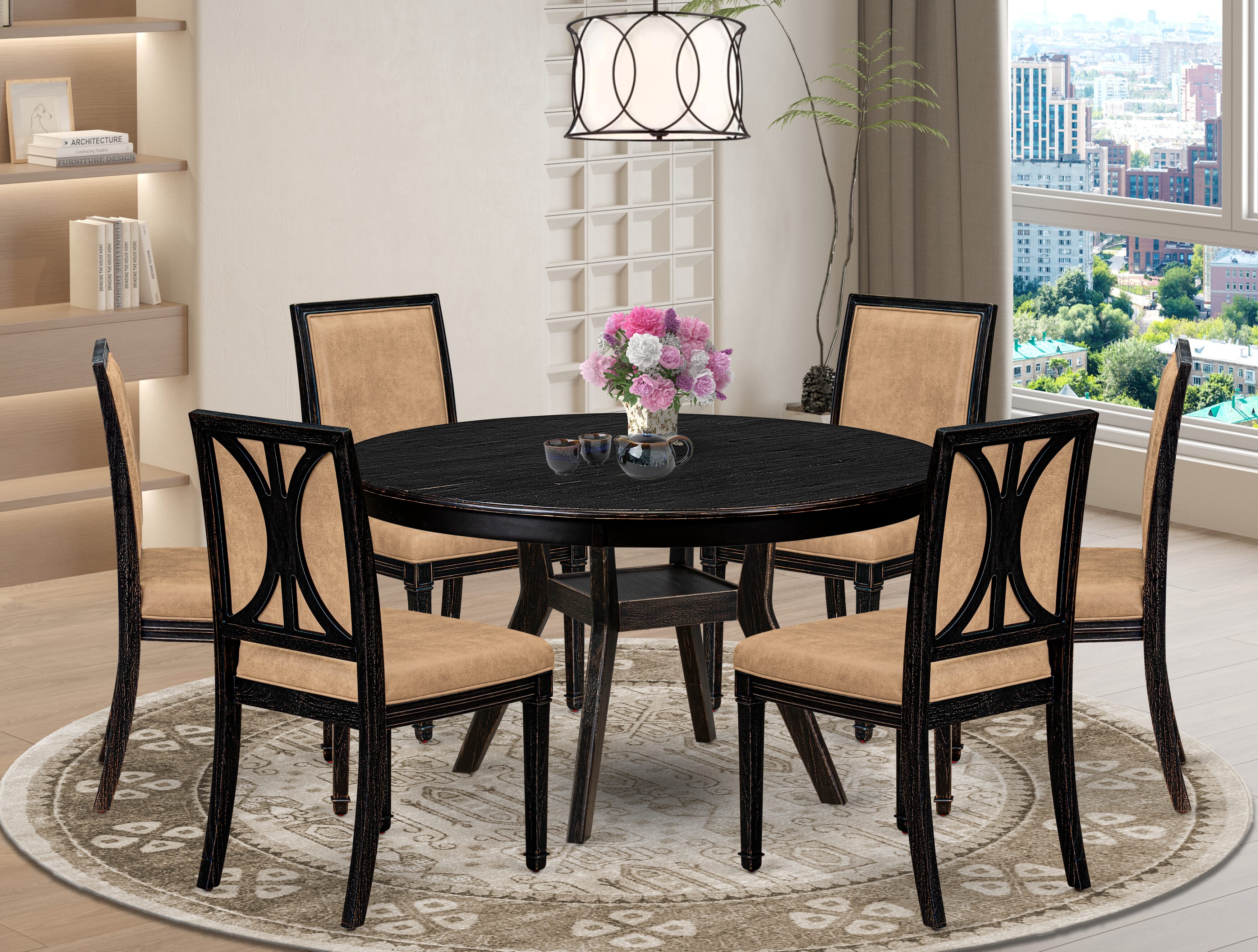 Luxe by East West Furniture - F8AM7-511-28 7-Piece Modern Dining Table Set Includes a Round Wood Table and 6 Dark Gray Polyester Chairs with High Back, Sand Blasting Black Finish.