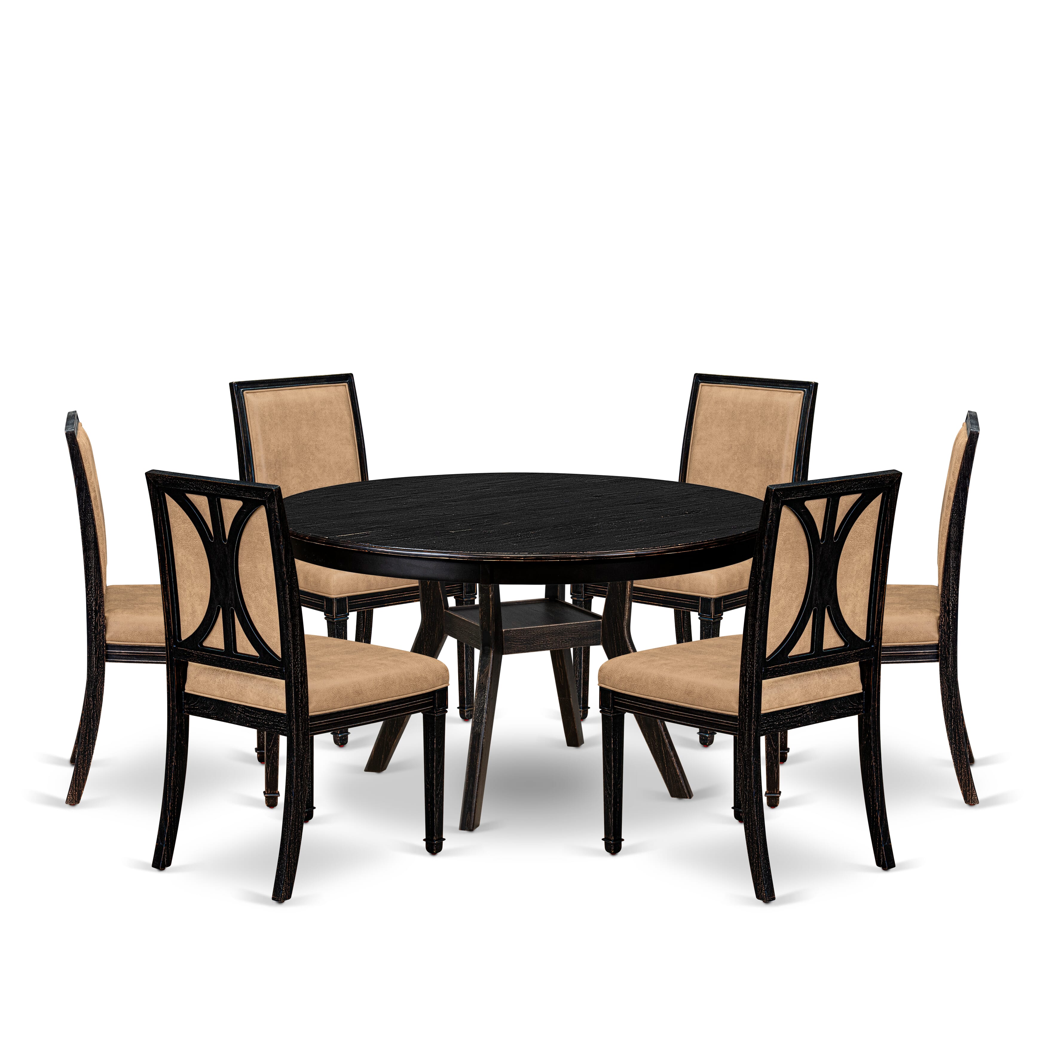 Luxe by East West Furniture - F8AM7-511-28 7-Piece Modern Dining Table Set Includes a Round Wood Table and 6 Dark Gray Polyester Chairs with High Back, Sand Blasting Black Finish.