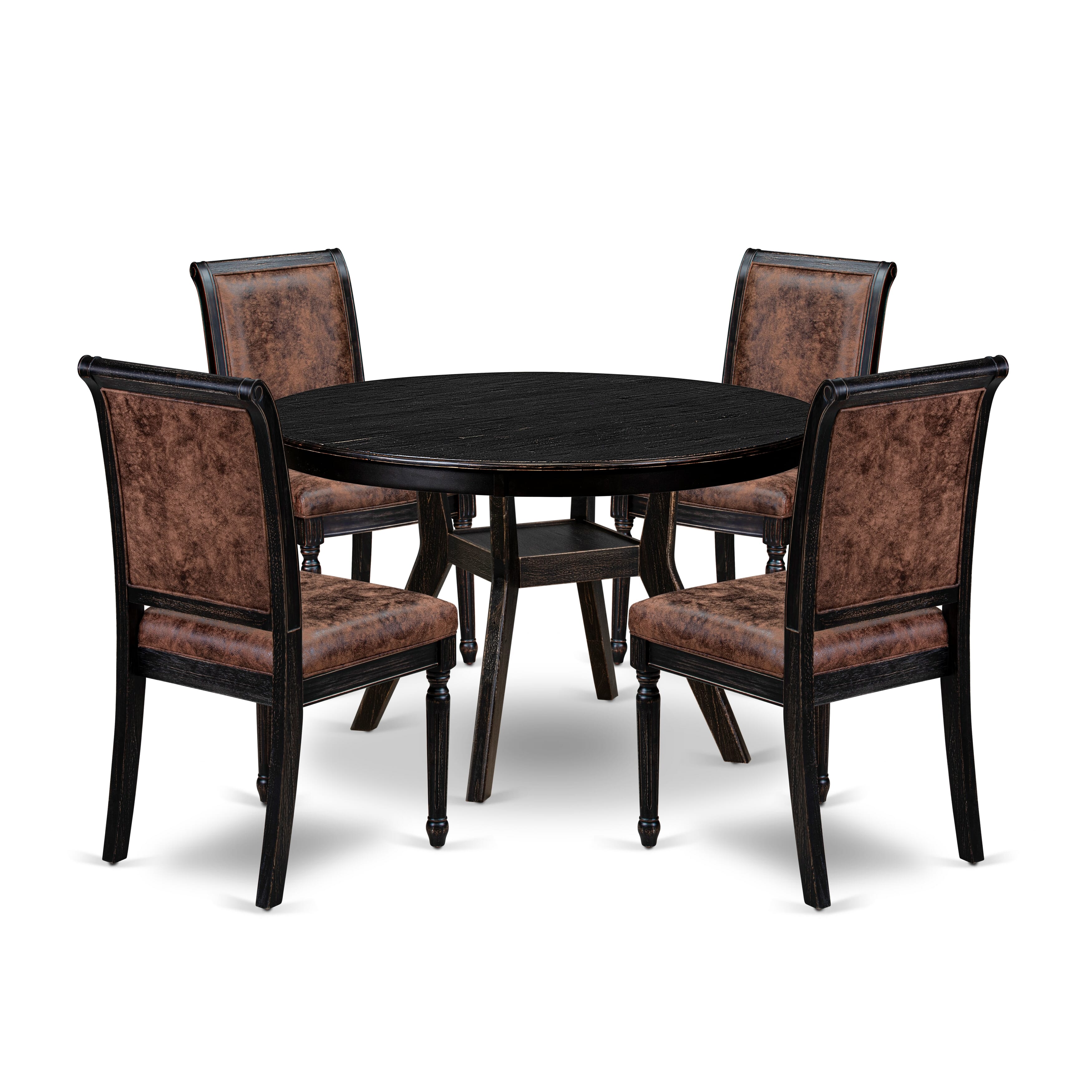 Luxe by East West Furniture - F8CY5-411-33 5-Piece Modern Dining Set Consists of a Round Modern Dining Table and 4 Beige Polyester Chairs with High Back, Sand Blasting Black Finish.
