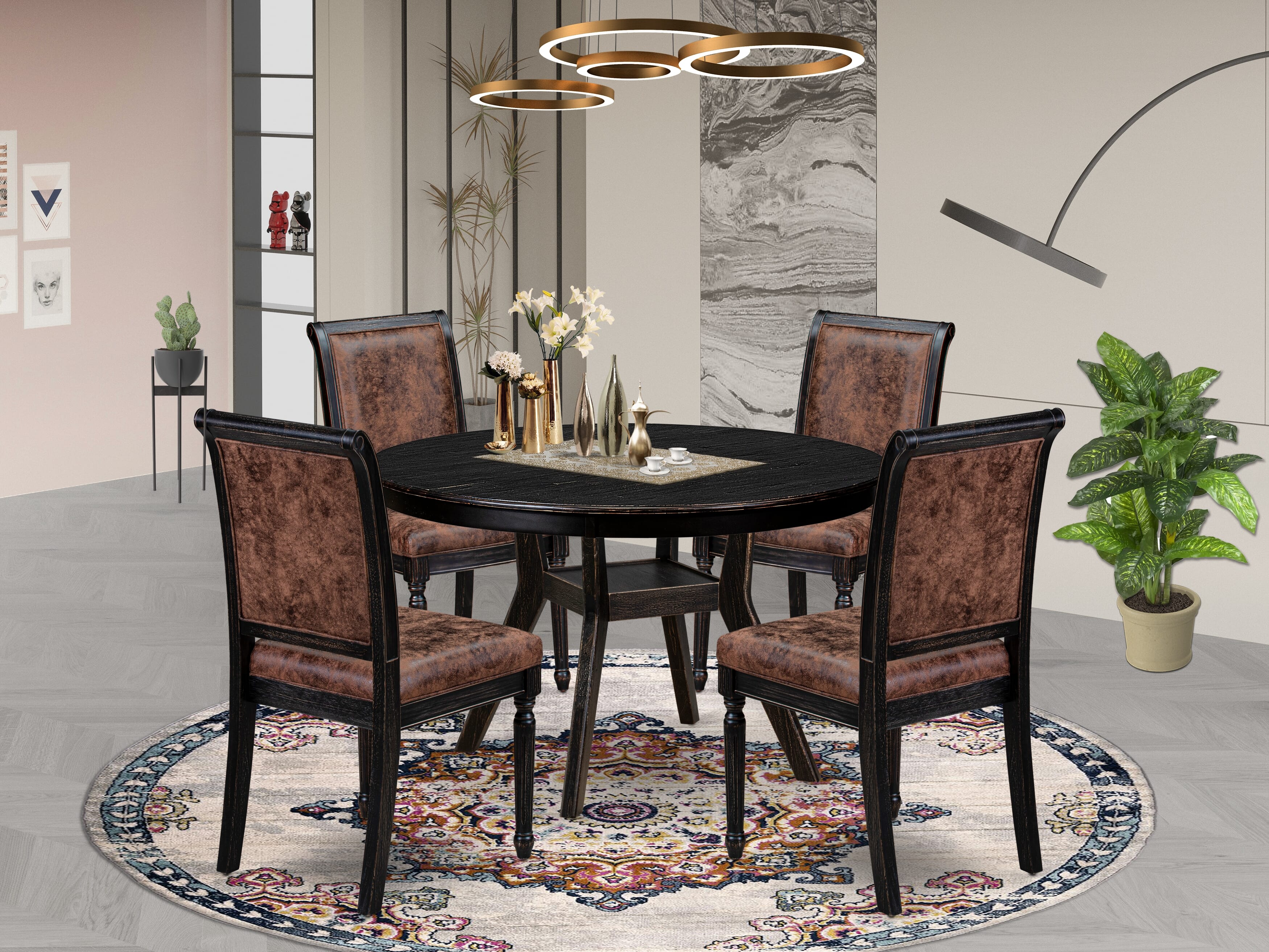 Luxe by East West Furniture - F8CY5-411-33 5-Piece Modern Dining Set Consists of a Round Modern Dining Table and 4 Beige Polyester Chairs with High Back, Sand Blasting Black Finish.