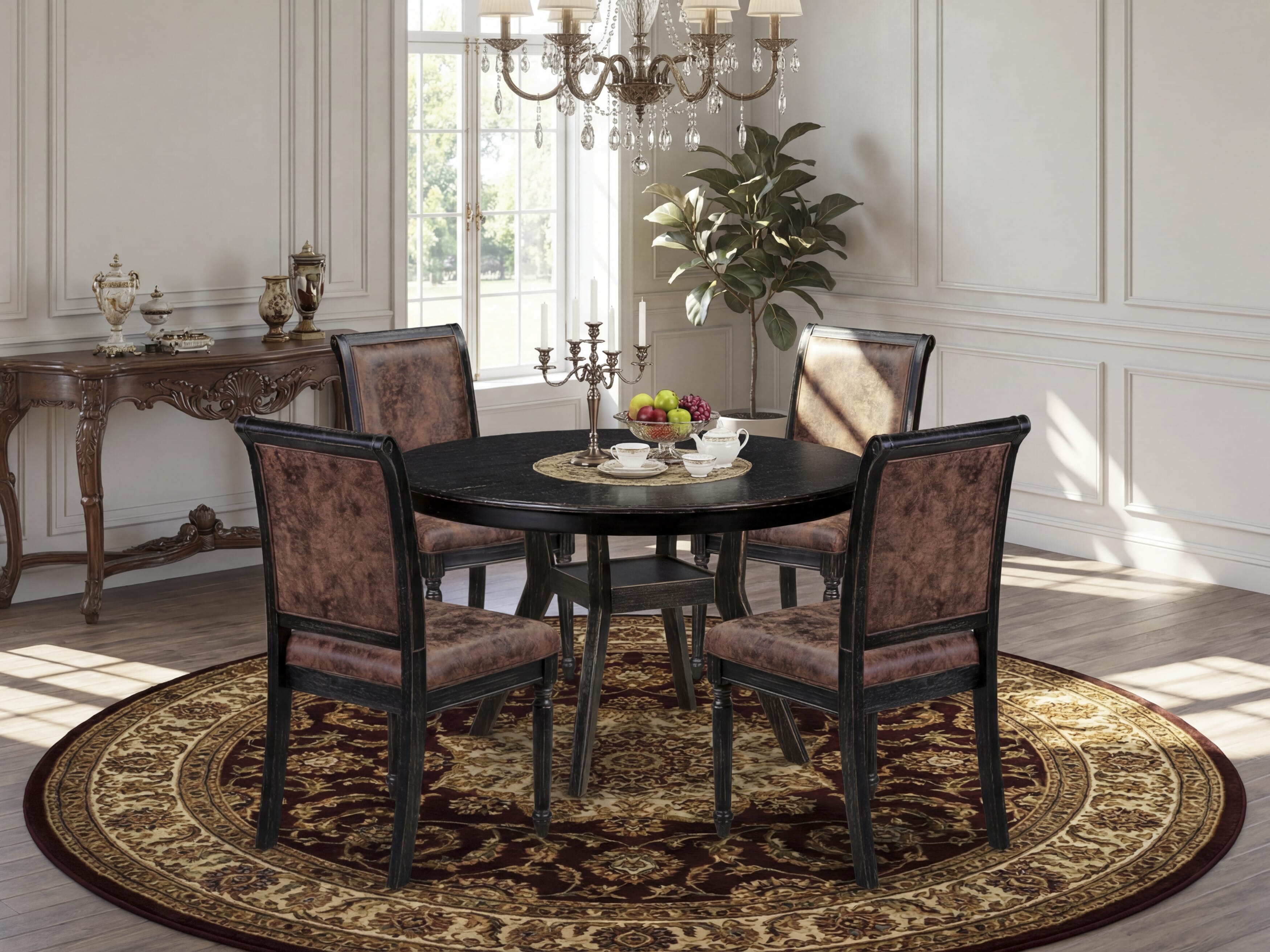 Luxe by East West Furniture - F8CY5-411-33 5-Piece Modern Dining Set Consists of a Round Modern Dining Table and 4 Beige Polyester Chairs with High Back, Sand Blasting Black Finish.
