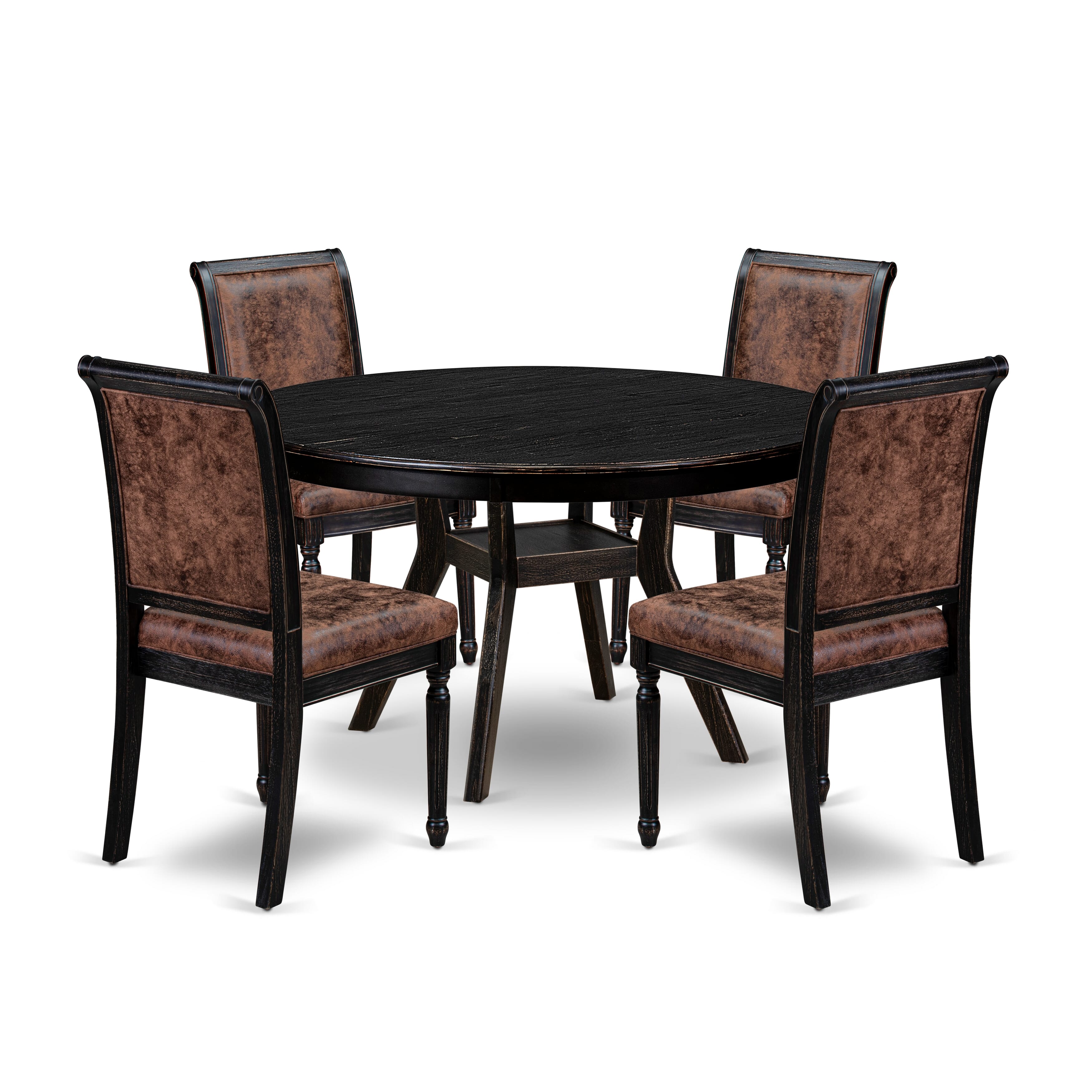 Luxe by East West Furniture - F8CY5-511-33 5-Piece Mid Century Dining Set Contains a Round Wood Dining Table and 4 Brown Textured Polyester Chairs with High Back, Sand Blasting Black Finish.