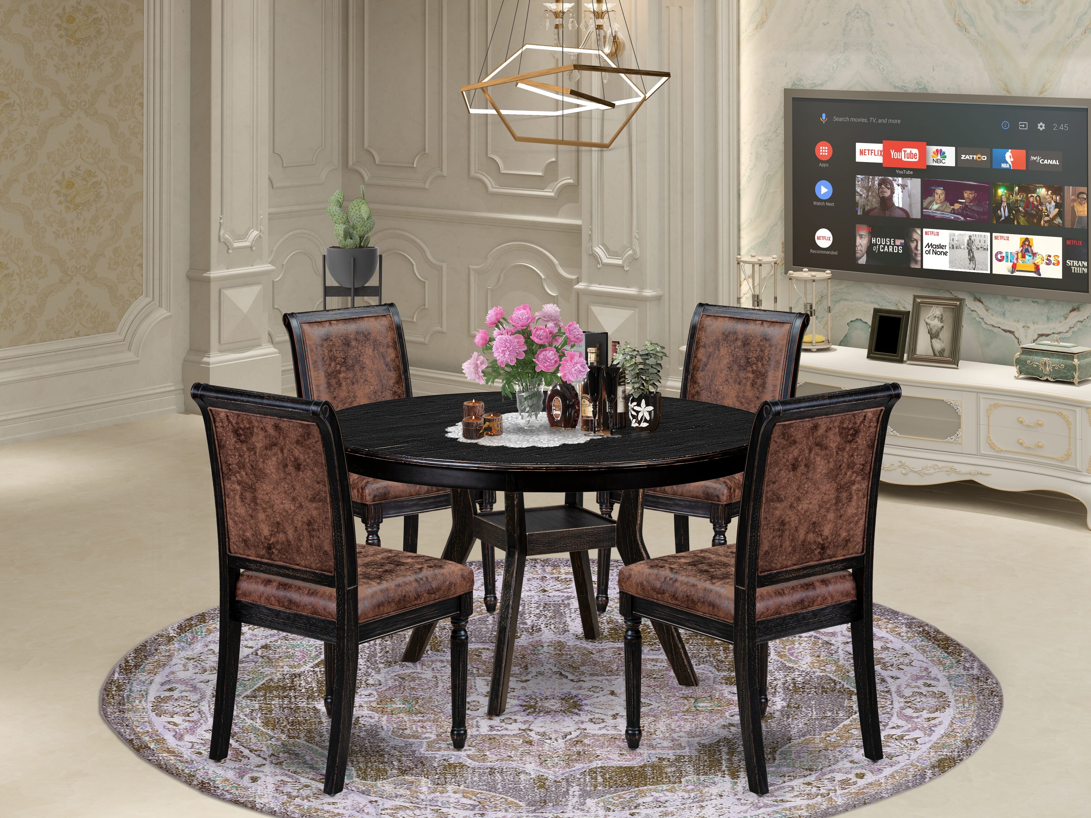 Luxe by East West Furniture - F8CY5-511-33 5-Piece Mid Century Dining Set Contains a Round Wood Dining Table and 4 Brown Textured Polyester Chairs with High Back, Sand Blasting Black Finish.