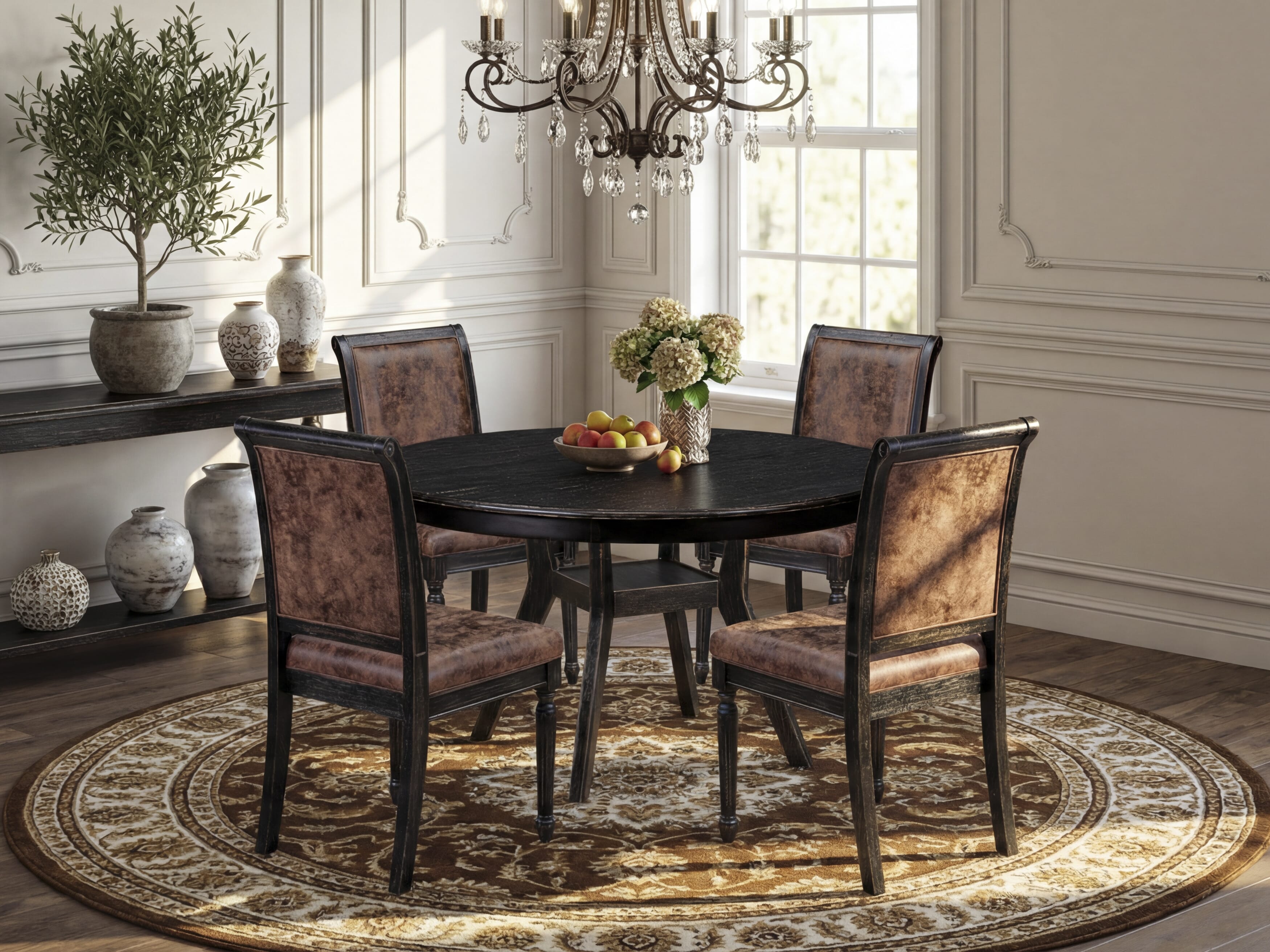 Luxe by East West Furniture - F8CY5-511-33 5-Piece Mid Century Dining Set Contains a Round Wood Dining Table and 4 Brown Textured Polyester Chairs with High Back, Sand Blasting Black Finish.