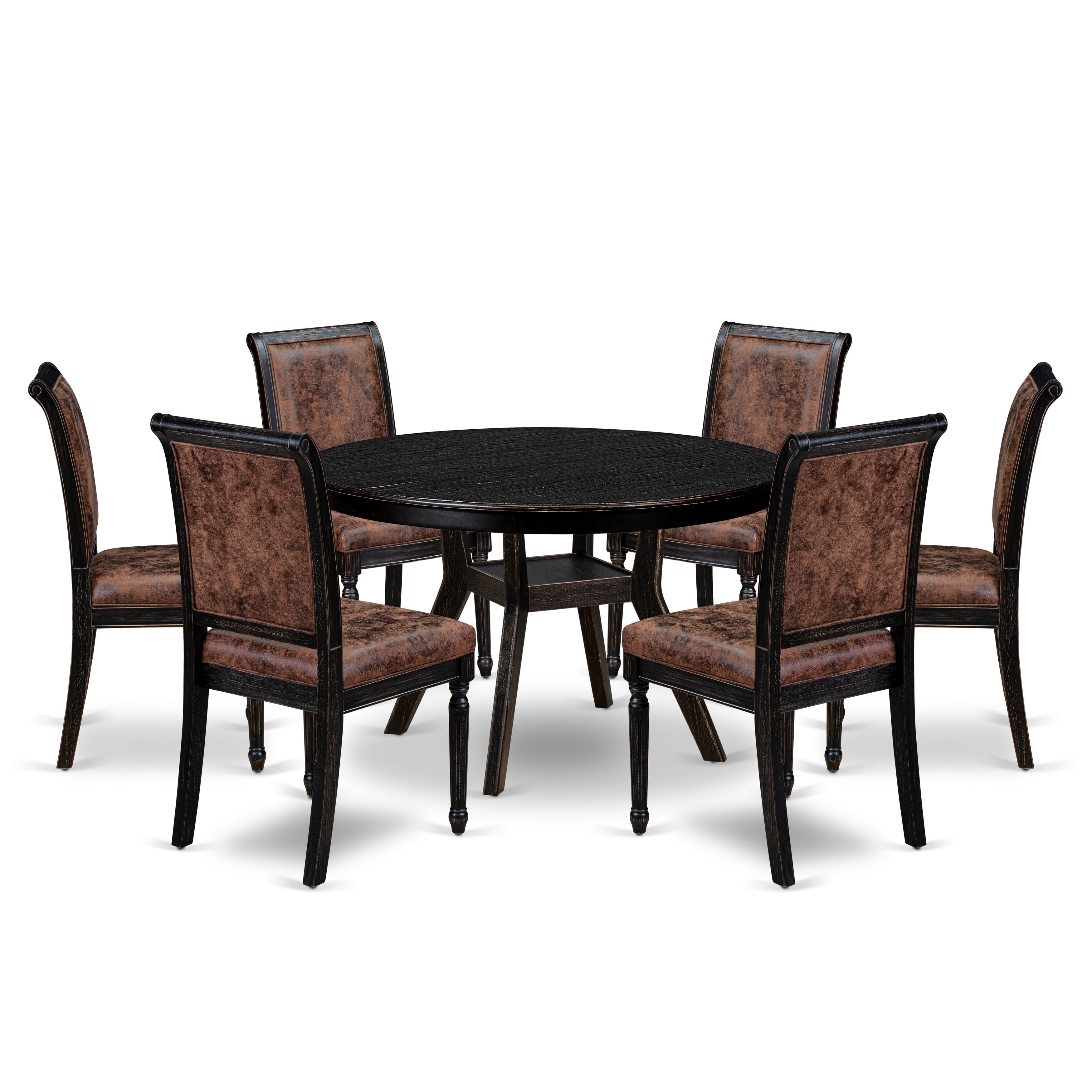 Luxe by East West Furniture - F8CY7-411-33 7-Piece Dining Set Includes a Round Mid Century Modern Dining Table and 6 Brown Textured Polyester Chairs with High Back, Sand Blasting Black Finish.