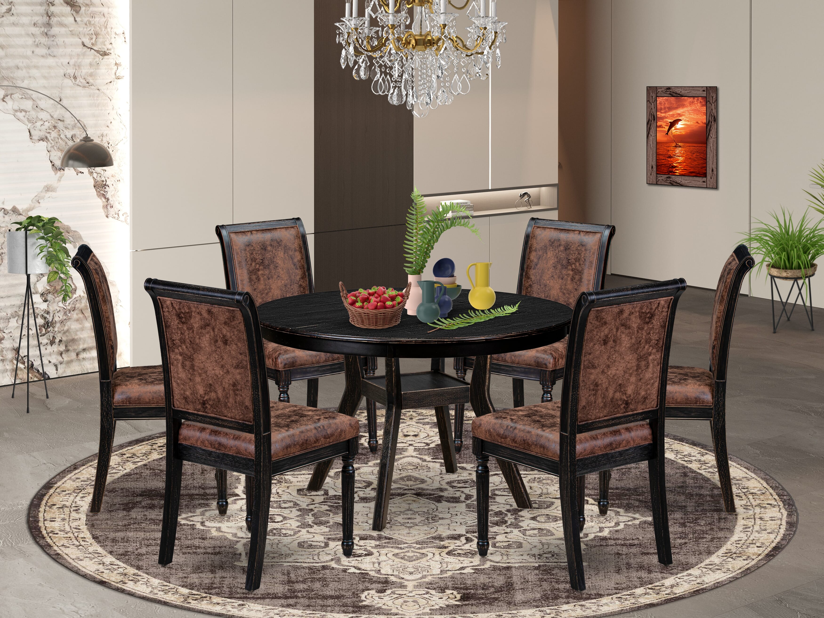 Luxe by East West Furniture - F8CY7-411-33 7-Piece Dining Set Includes a Round Mid Century Modern Dining Table and 6 Brown Textured Polyester Chairs with High Back, Sand Blasting Black Finish.