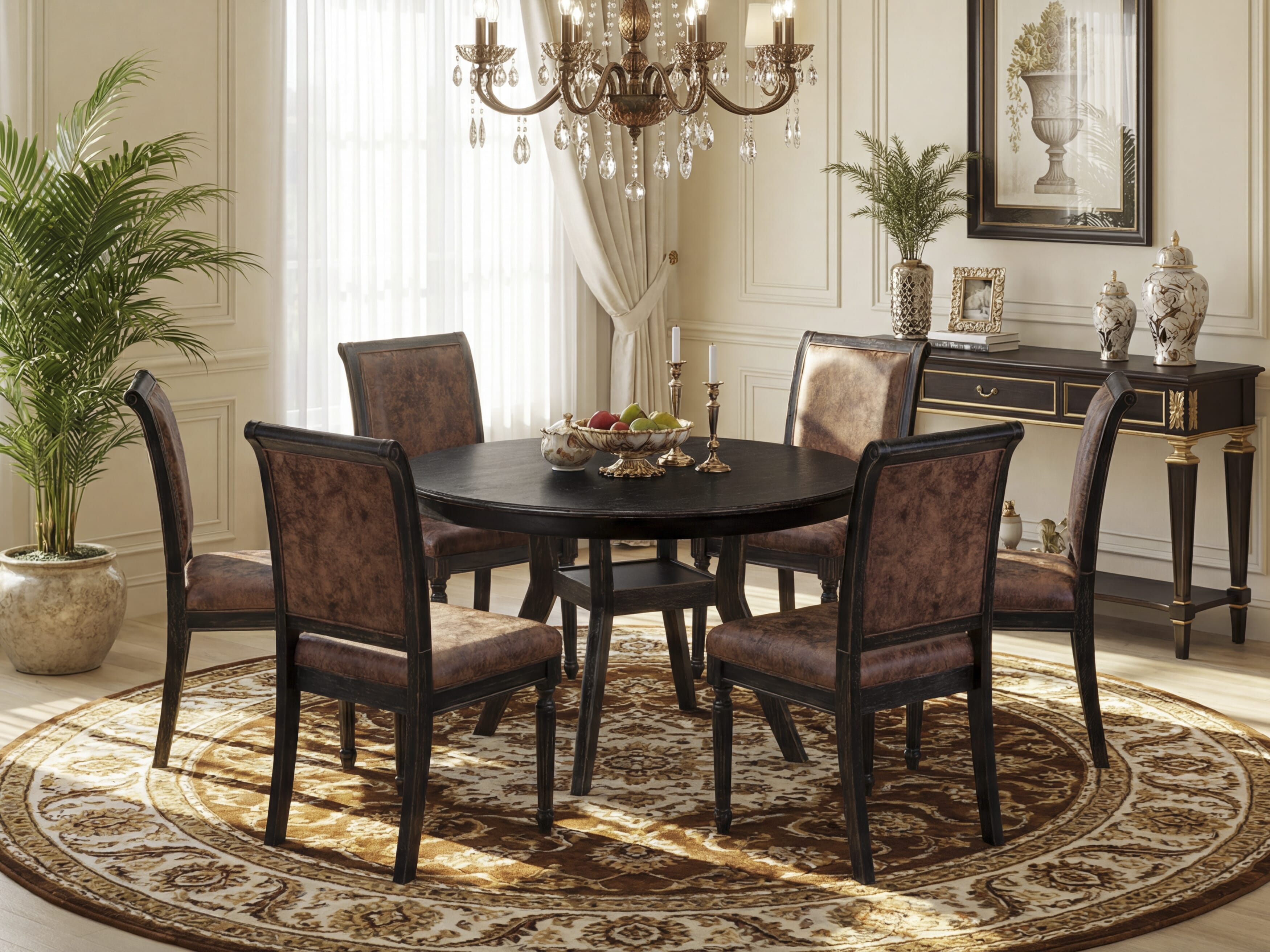 Luxe by East West Furniture - F8CY7-411-33 7-Piece Dining Set Includes a Round Mid Century Modern Dining Table and 6 Brown Textured Polyester Chairs with High Back, Sand Blasting Black Finish.