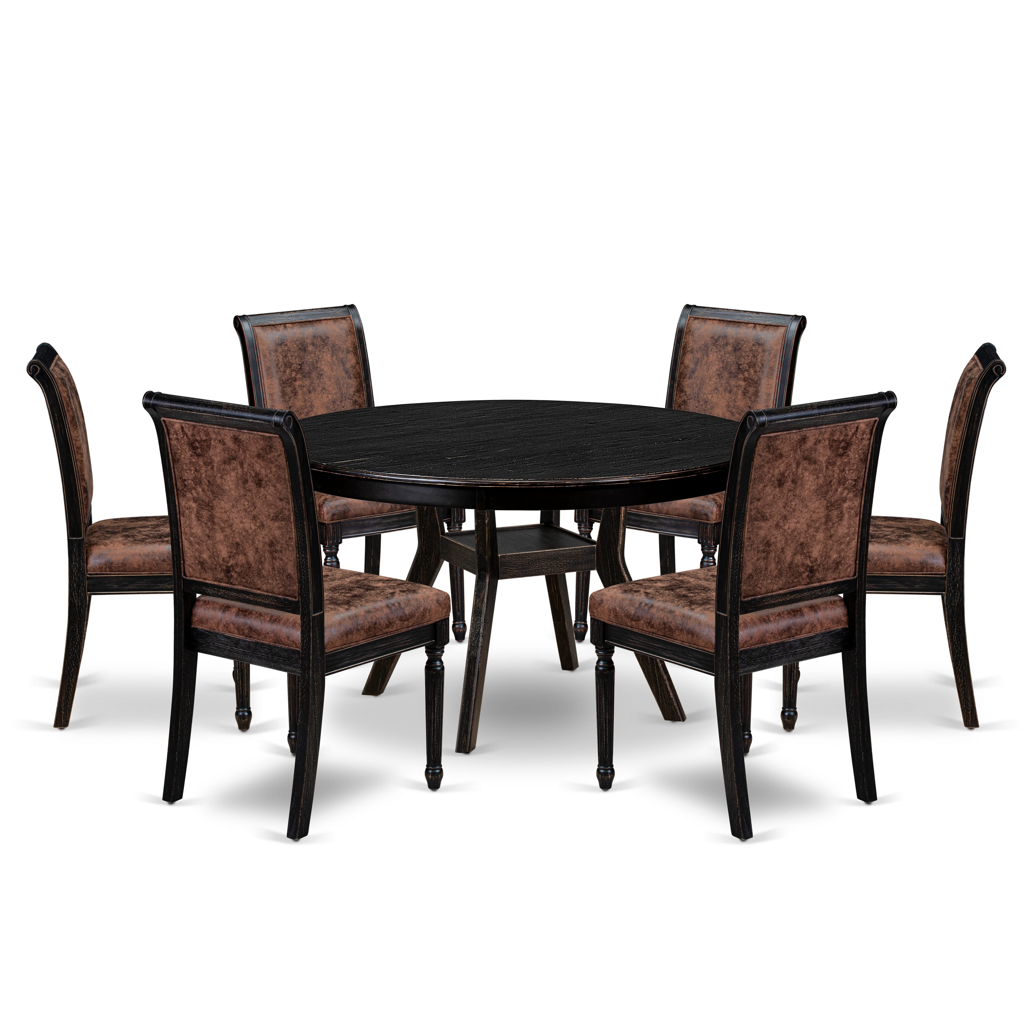 Luxe by East West Furniture - F8CY7-511-33 7-Piece Kitchen Dining Table Set Consists of a Round Wooden Table and 6 Brown Textured Polyester Chairs with High Back, Sand Blasting Black Finish.