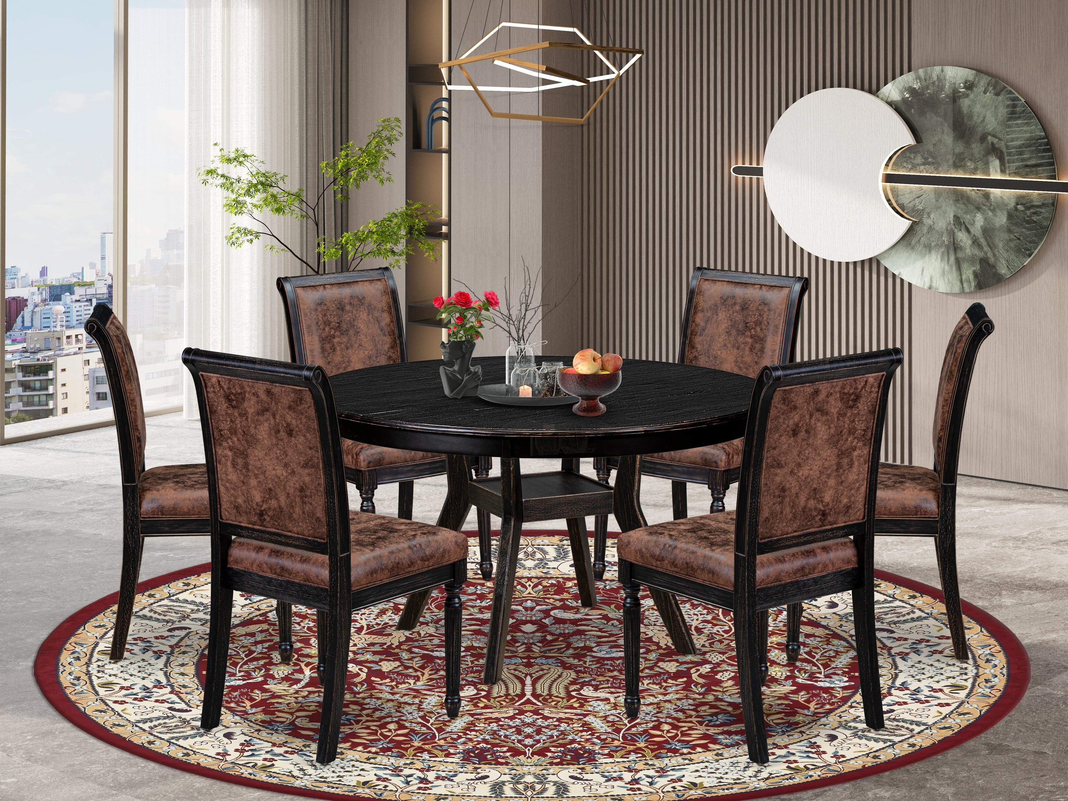 Luxe by East West Furniture - F8CY7-511-33 7-Piece Kitchen Dining Table Set Consists of a Round Wooden Table and 6 Brown Textured Polyester Chairs with High Back, Sand Blasting Black Finish.