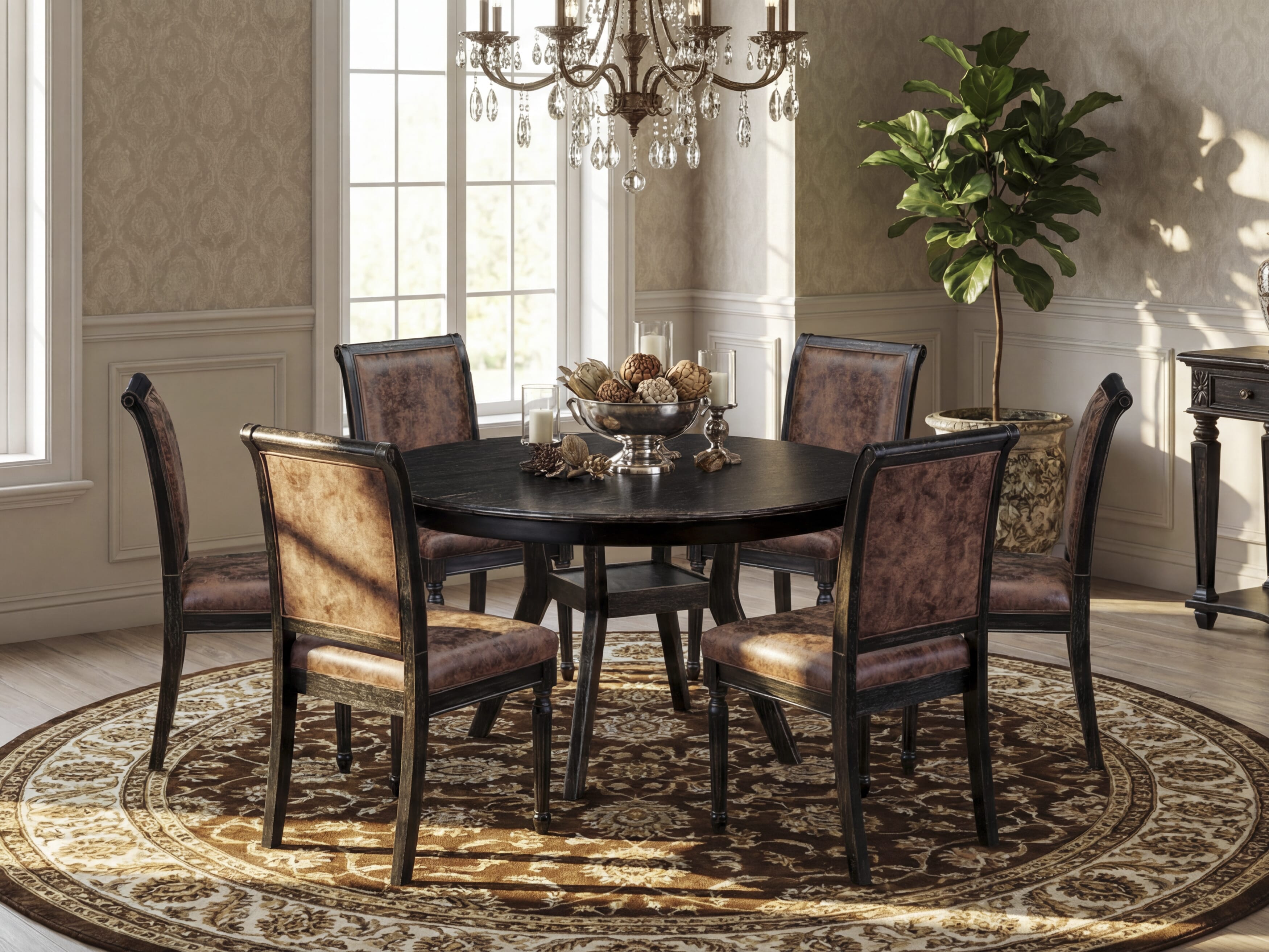 Luxe by East West Furniture - F8CY7-511-33 7-Piece Kitchen Dining Table Set Consists of a Round Wooden Table and 6 Brown Textured Polyester Chairs with High Back, Sand Blasting Black Finish.