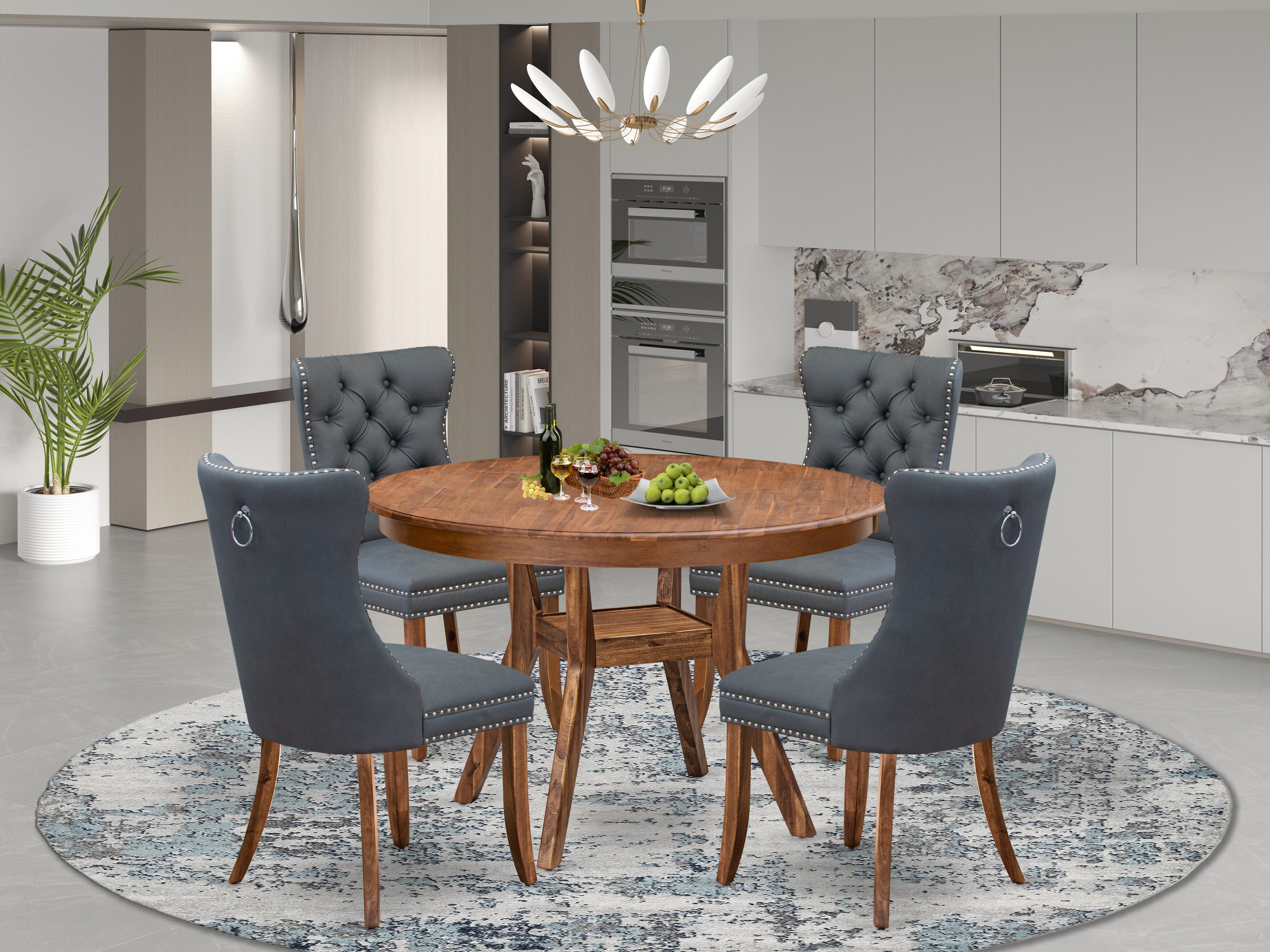 Luxe by East West Furniture F8DA5-40N-13 5-piece Kitchen table set consists of a Dining Table and 4 Platinum Gray Faux Leather Dining Room Chairs with Button Tufted Back - Antique Walnut Finish
