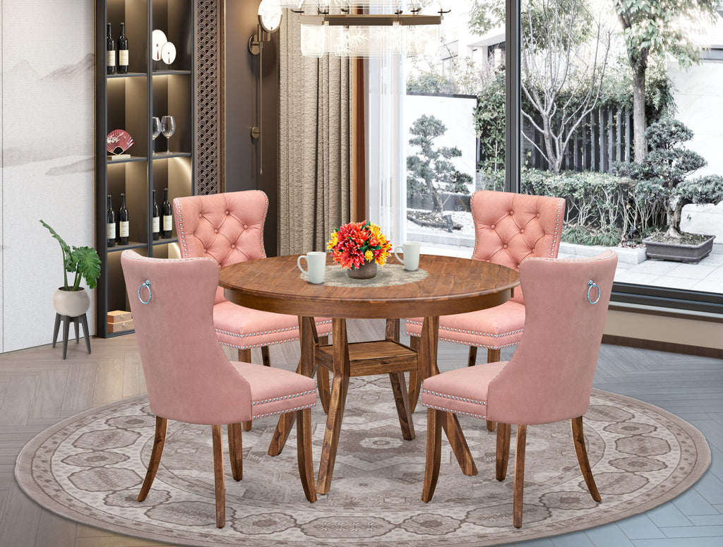 Luxe by East West Furniture F8DA5-40N-23 5-Pc Room Set Contain a Wooden Dining Table and 4 Beige Red Faux Leather Parson Dining Chairs with Button-Tufted Back, Antique Walnut