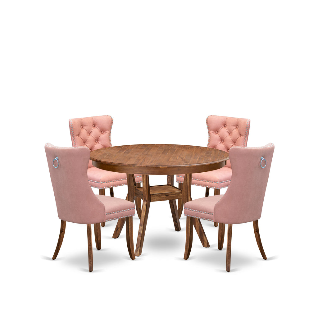 Luxe by East West Furniture F8DA5-40N-23 5-Pc Room Set Contain a Wooden Dining Table and 4 Beige Red Faux Leather Parson Dining Chairs with Button-Tufted Back, Antique Walnut
