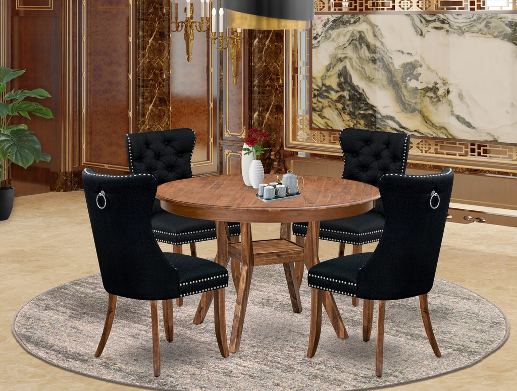 Luxe by East West Furniture F8DA5-40N-24 5-Piece Dining Table Set with Linen Fabric 4 Black dining room chairs, Button-Tufted Backs, and a 48"Round Table in Antique Walnut Finish.