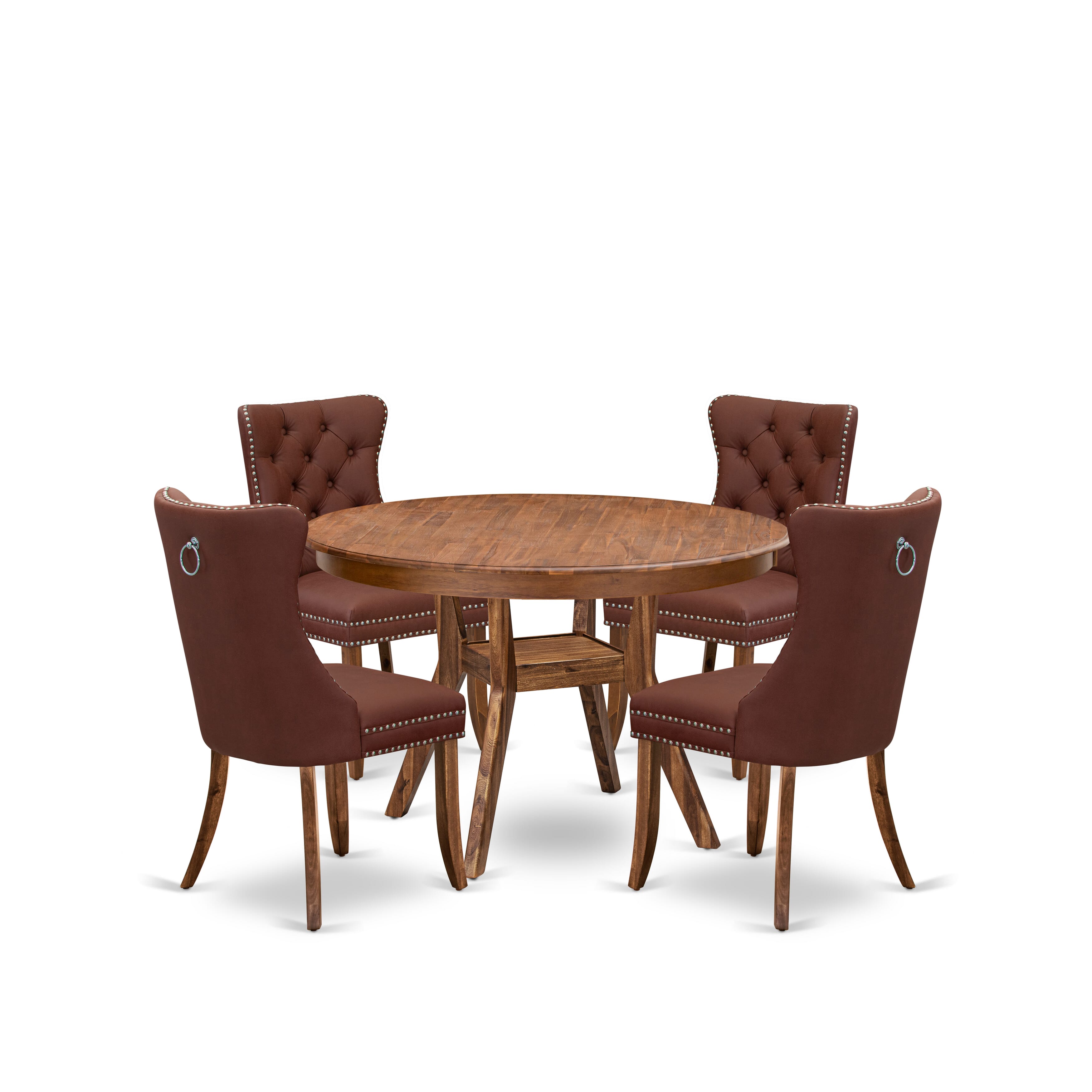 Luxe by East West Furniture F8DA5-40N-26 5-Pc Mid Century Dining Set Contain a Table and 4 Burgundy Faux Leather Upholstered Chairs with Button-Tufted Back, Antique Walnut