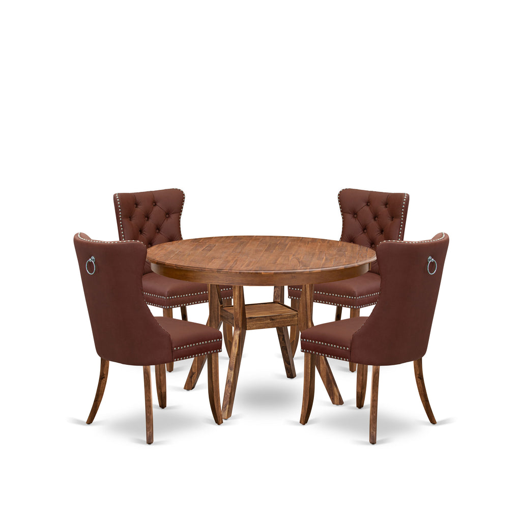 Luxe by East West Furniture F8DA5-40N-26 5-Pc Mid Century Dining Set Contain a Table and 4 Burgundy Faux Leather Upholstered Chairs with Button-Tufted Back, Antique Walnut