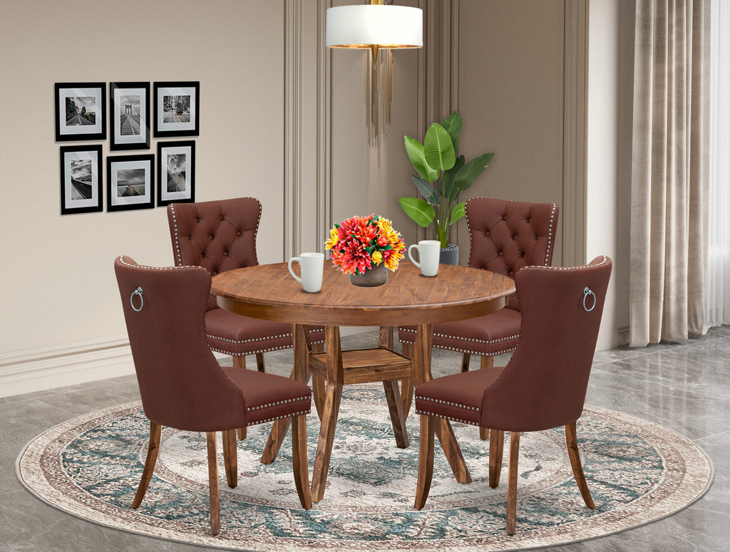 Luxe by East West Furniture F8DA5-40N-26 5-Pc Mid Century Dining Set Contain a Table and 4 Burgundy Faux Leather Upholstered Chairs with Button-Tufted Back, Antique Walnut