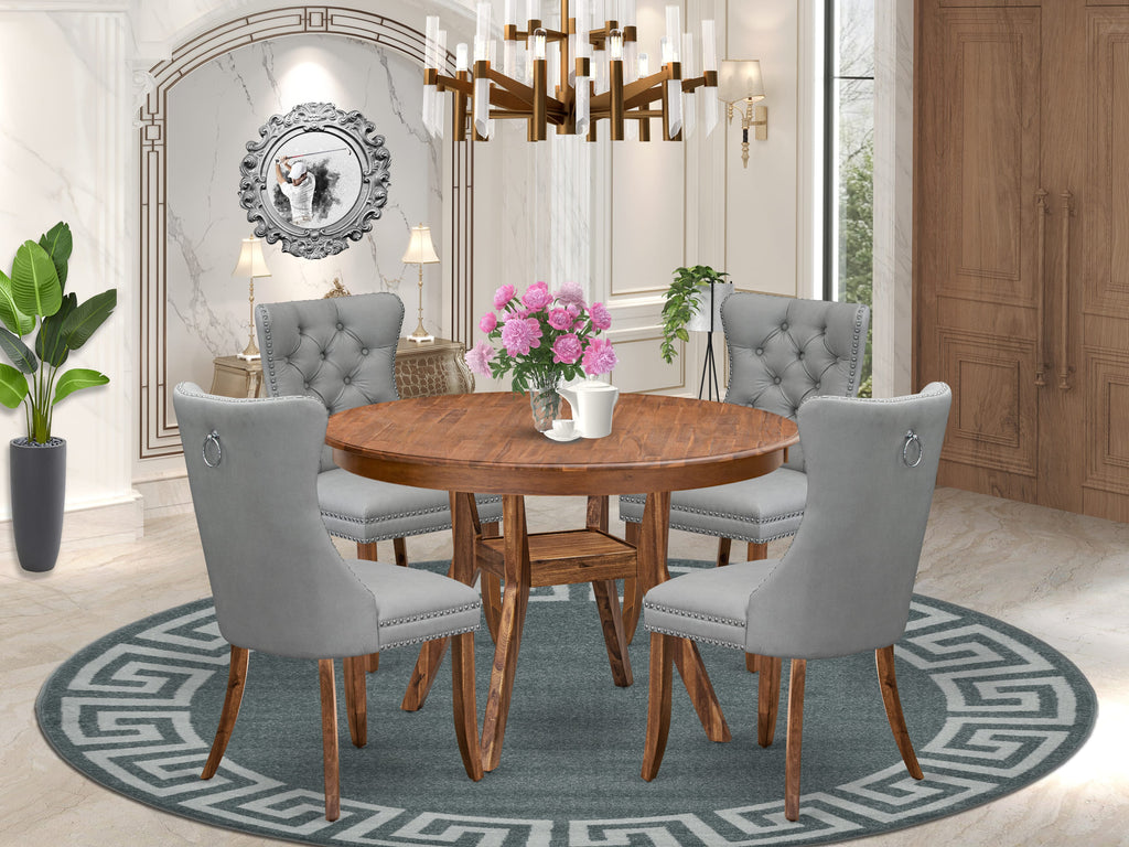 Luxe by East West Furniture F8DA5-40N-27 5-Pc Mid Century Dining Set Contain a Table and 4 Light Gray Faux Leather Parsons Chairs with Button-Tufted Back, Antique Walnut