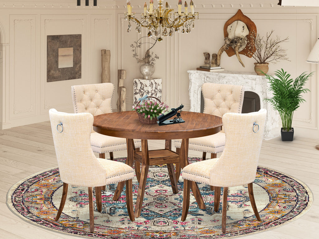 Luxe by East West Furniture F8DA5-40N-32 5-Piece Dining Table Set with Linen Fabric 4 Light Beige Kitchen chairs, Button-Tufted Backs, and a 48"Round Kitchen Table in Antique Walnut Finish.