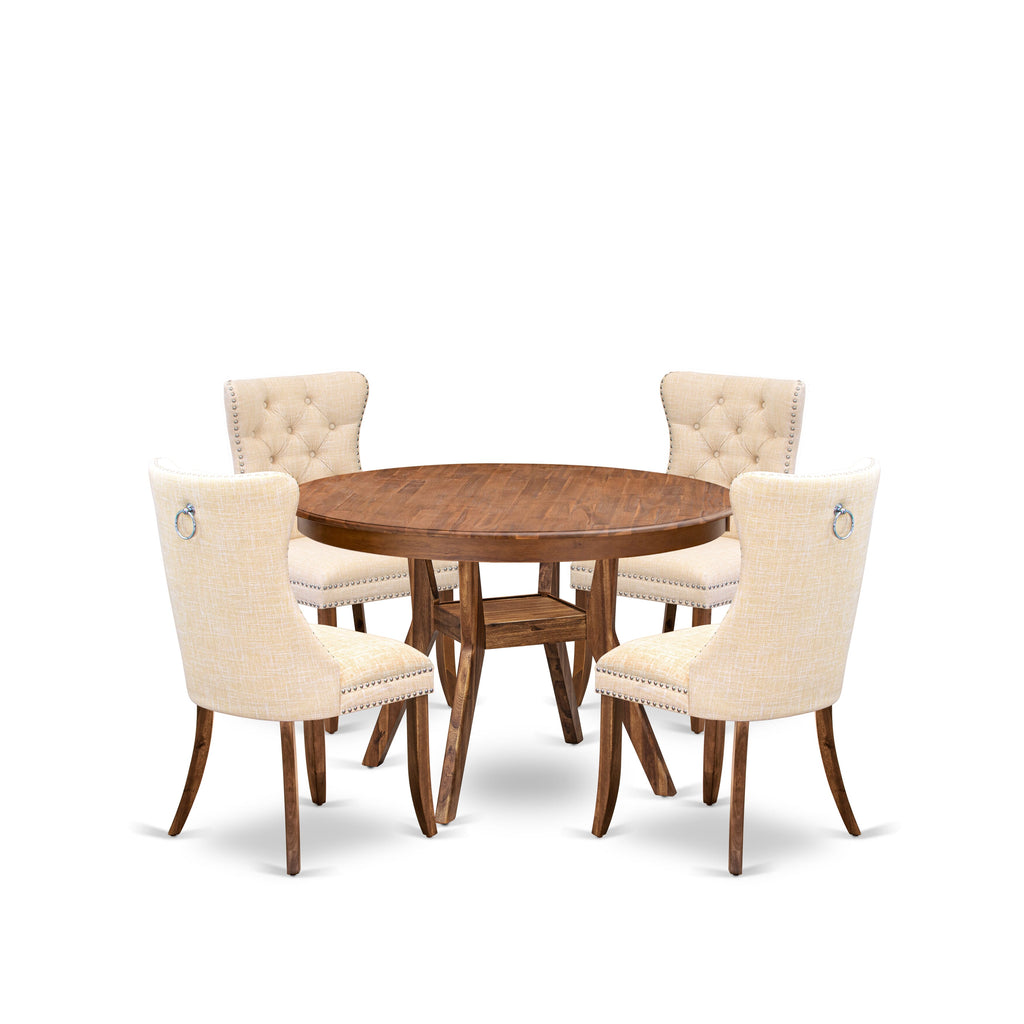 Luxe by East West Furniture F8DA5-40N-32 5-Piece Dining Table Set with Linen Fabric 4 Light Beige Kitchen chairs, Button-Tufted Backs, and a 48"Round Kitchen Table in Antique Walnut Finish.