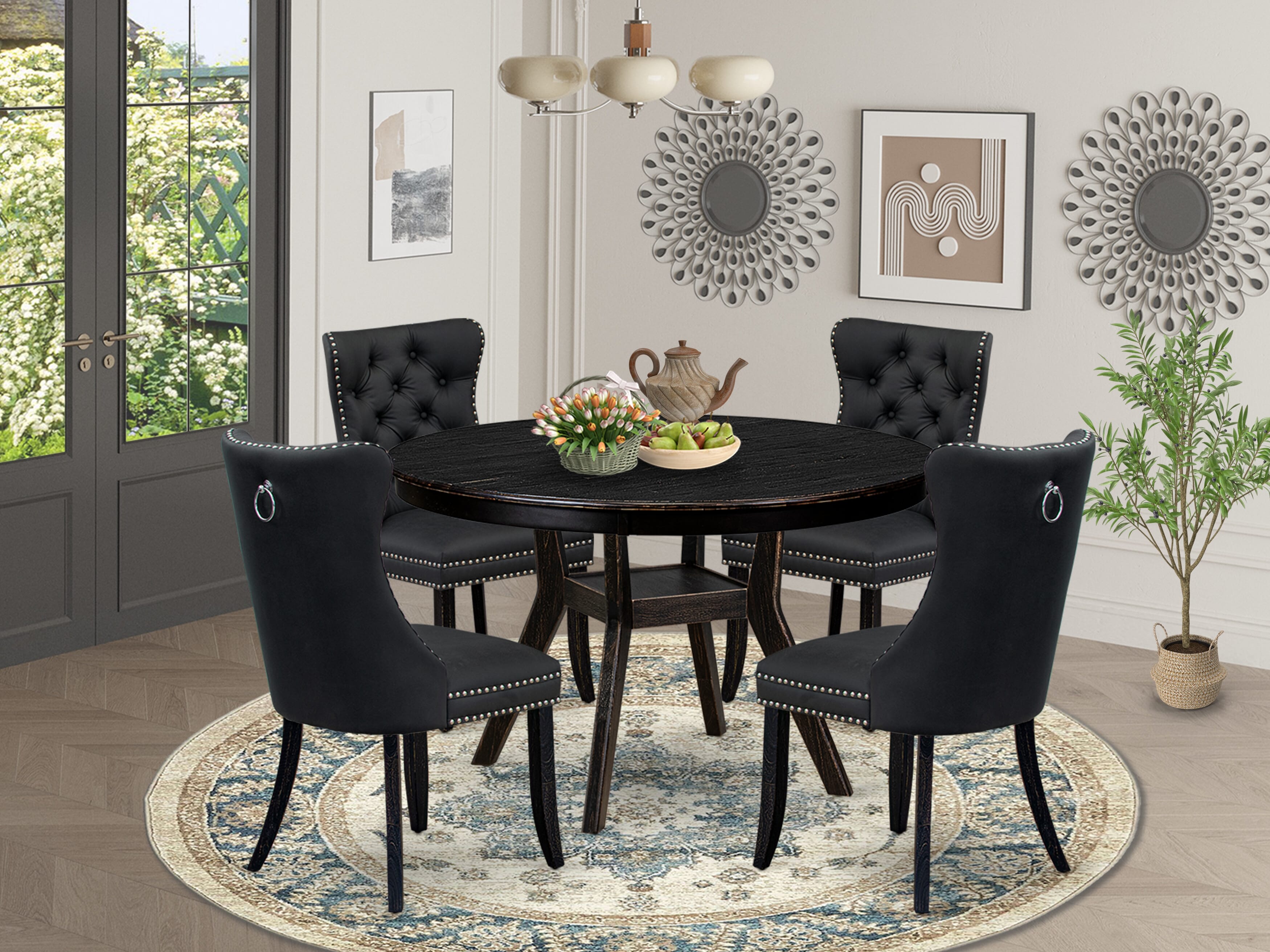 Luxe by East West Furniture F8DA5-411-12 5-Piece Dining Table Set with Faux Leather 4 Dark Gray dining room chairs, Button-Tufted Backs, and a 48"Round Table in Sand Blasted Black Finish.