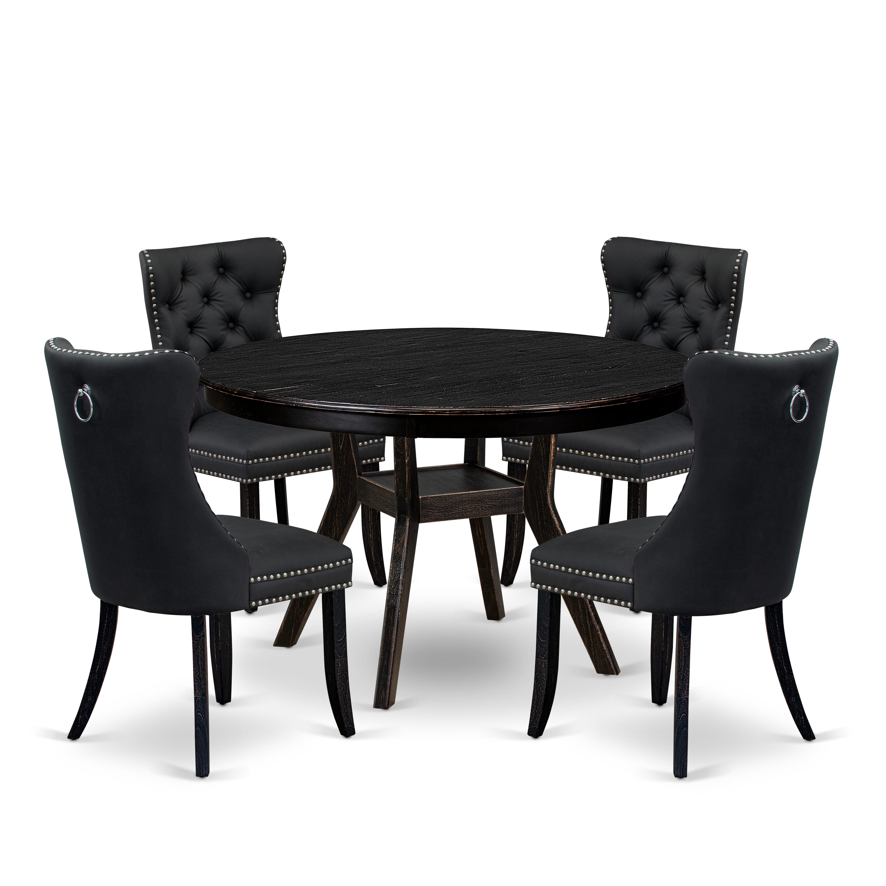 Luxe by East West Furniture F8DA5-411-12 5-Piece Dining Table Set with Faux Leather 4 Dark Gray dining room chairs, Button-Tufted Backs, and a 48"Round Table in Sand Blasted Black Finish.