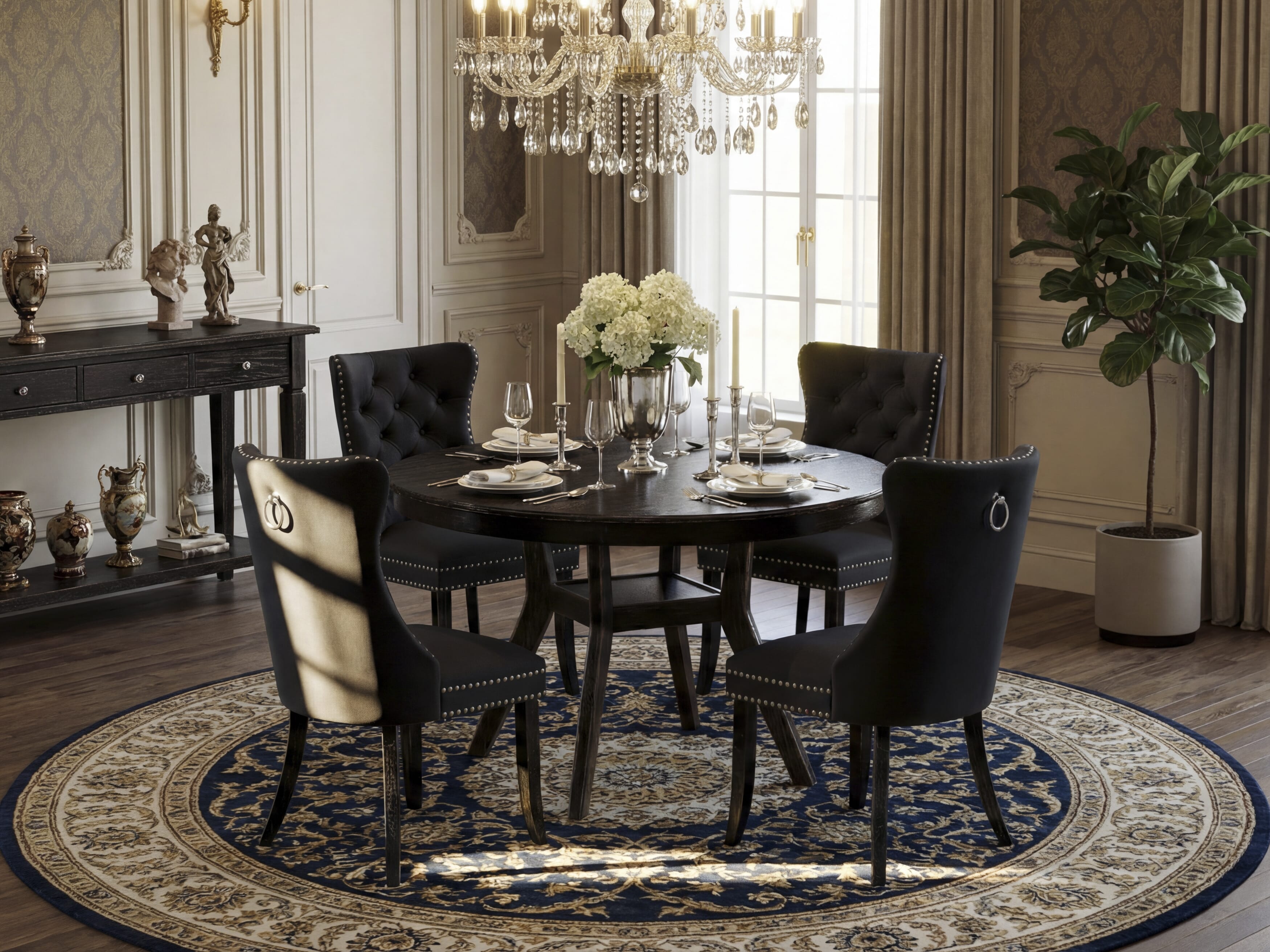 Luxe by East West Furniture F8DA5-411-12 5-Piece Dining Table Set with Faux Leather 4 Dark Gray dining room chairs, Button-Tufted Backs, and a 48"Round Table in Sand Blasted Black Finish.