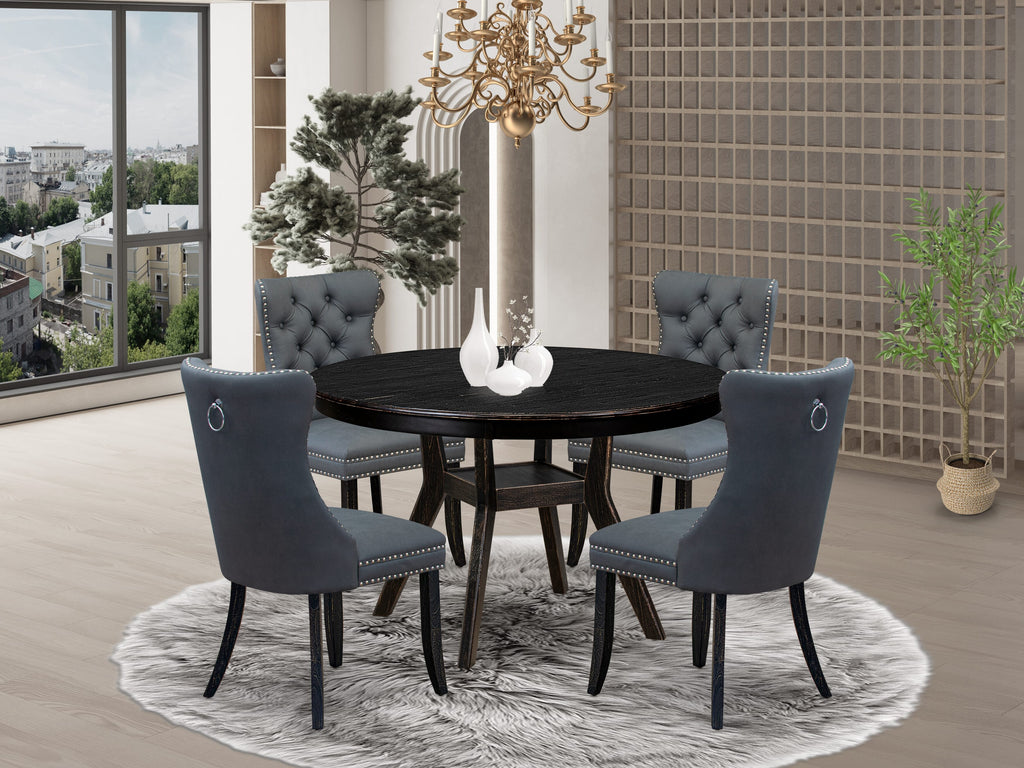 Luxe by East West Furniture F8DA5-411-13 5-piece Mid Century Kitchen Set with Faux Leather 4 Platinum Gray kitchen chairs, Button-Tufted Backs, and a 48"Round Table in Sand Blasted Black Finish.