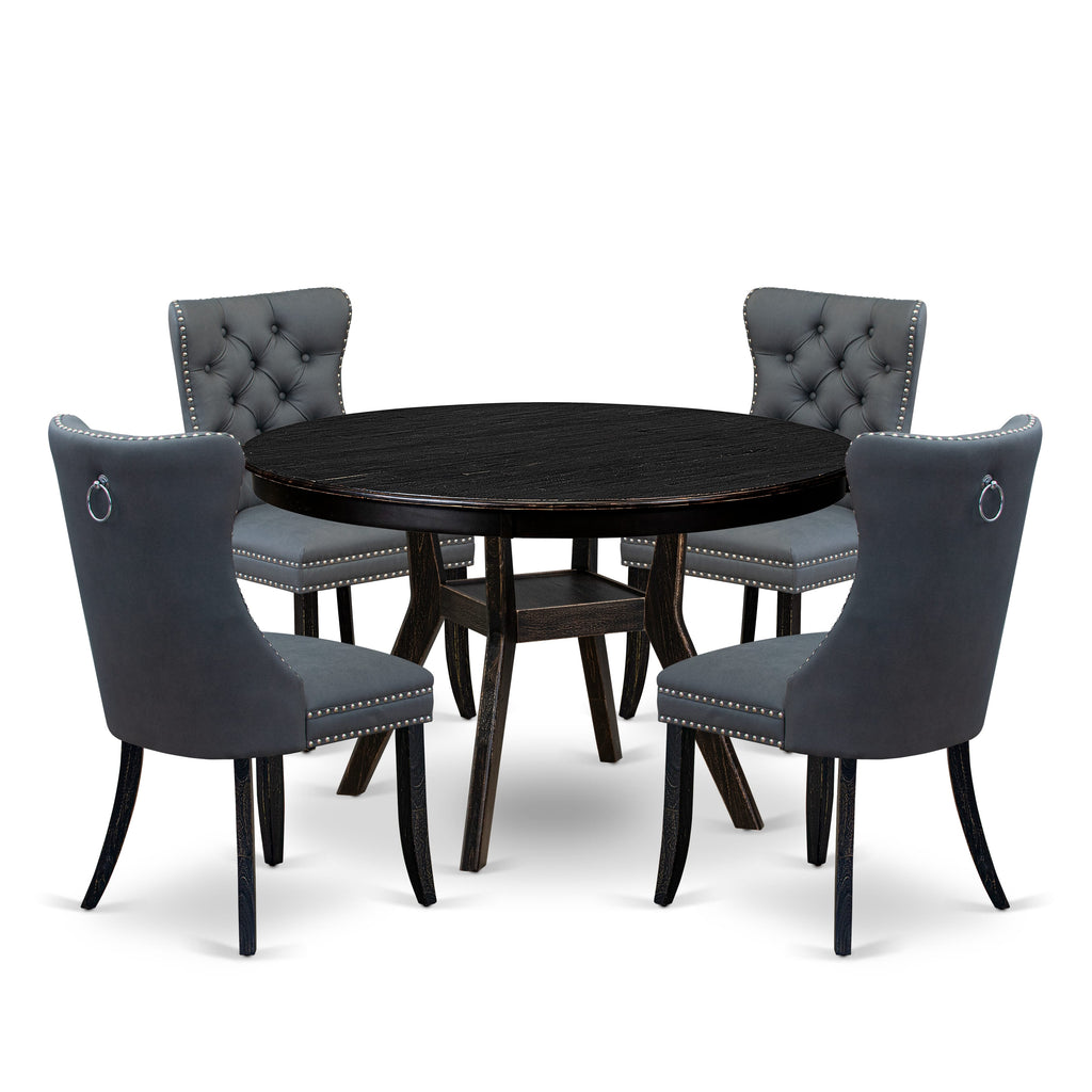 Luxe by East West Furniture F8DA5-411-13 5-piece Mid Century Kitchen Set with Faux Leather 4 Platinum Gray kitchen chairs, Button-Tufted Backs, and a 48"Round Table in Sand Blasted Black Finish.
