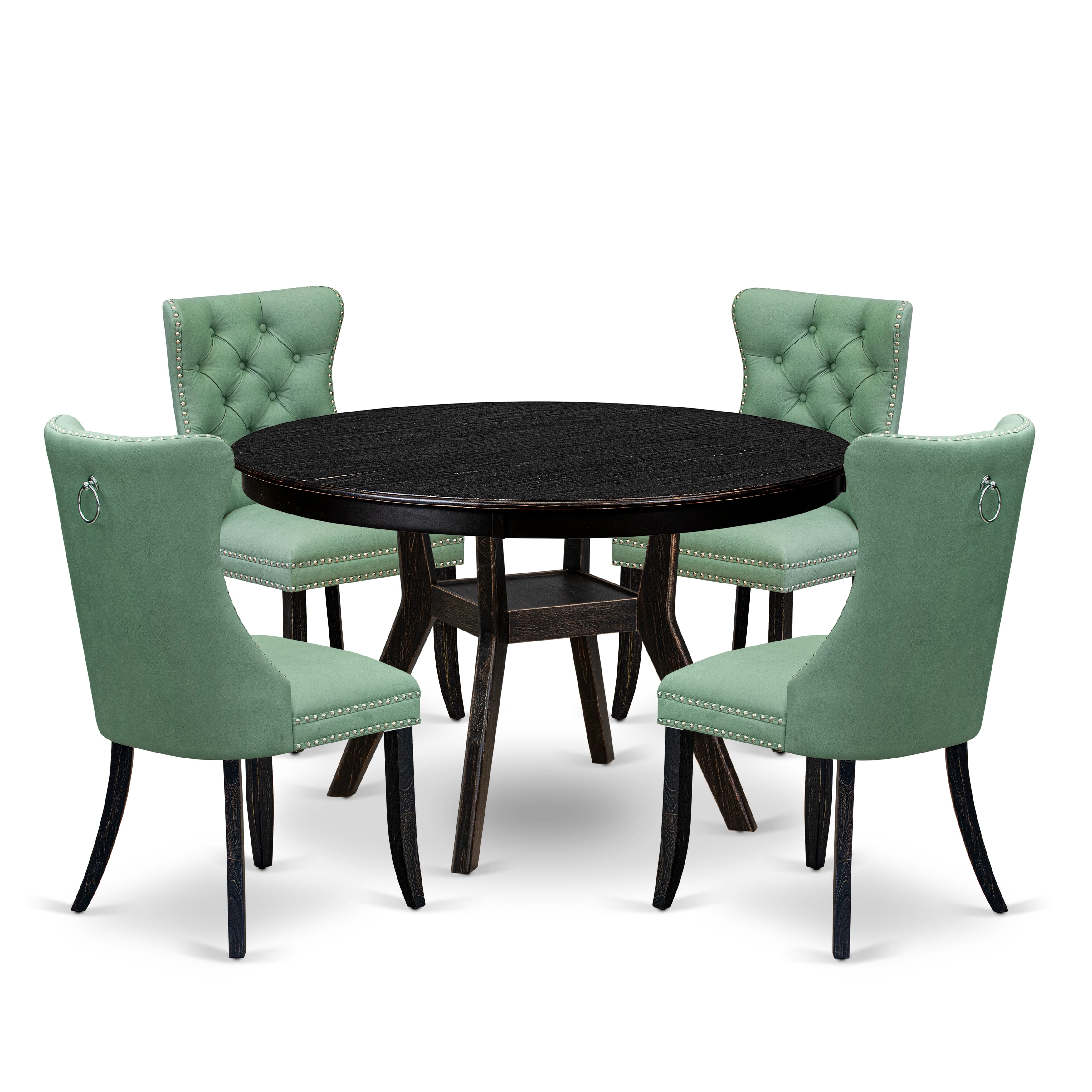 Luxe by East West Furniture F8DA5-411-22 5 Piece Dining Set Consists of a 48" Round Table with Pedestal and 4 Willow Green Faux Leather Upholstered Chairs, Sand Blasted Black