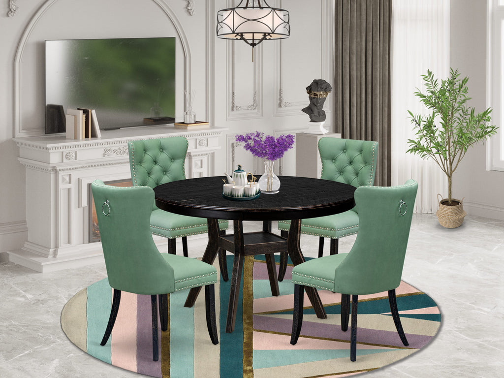 Luxe by East West Furniture F8DA5-411-22 5 Piece Dining Set Consists of a 48" Round Table with Pedestal and 4 Willow Green Faux Leather Upholstered Chairs, Sand Blasted Black