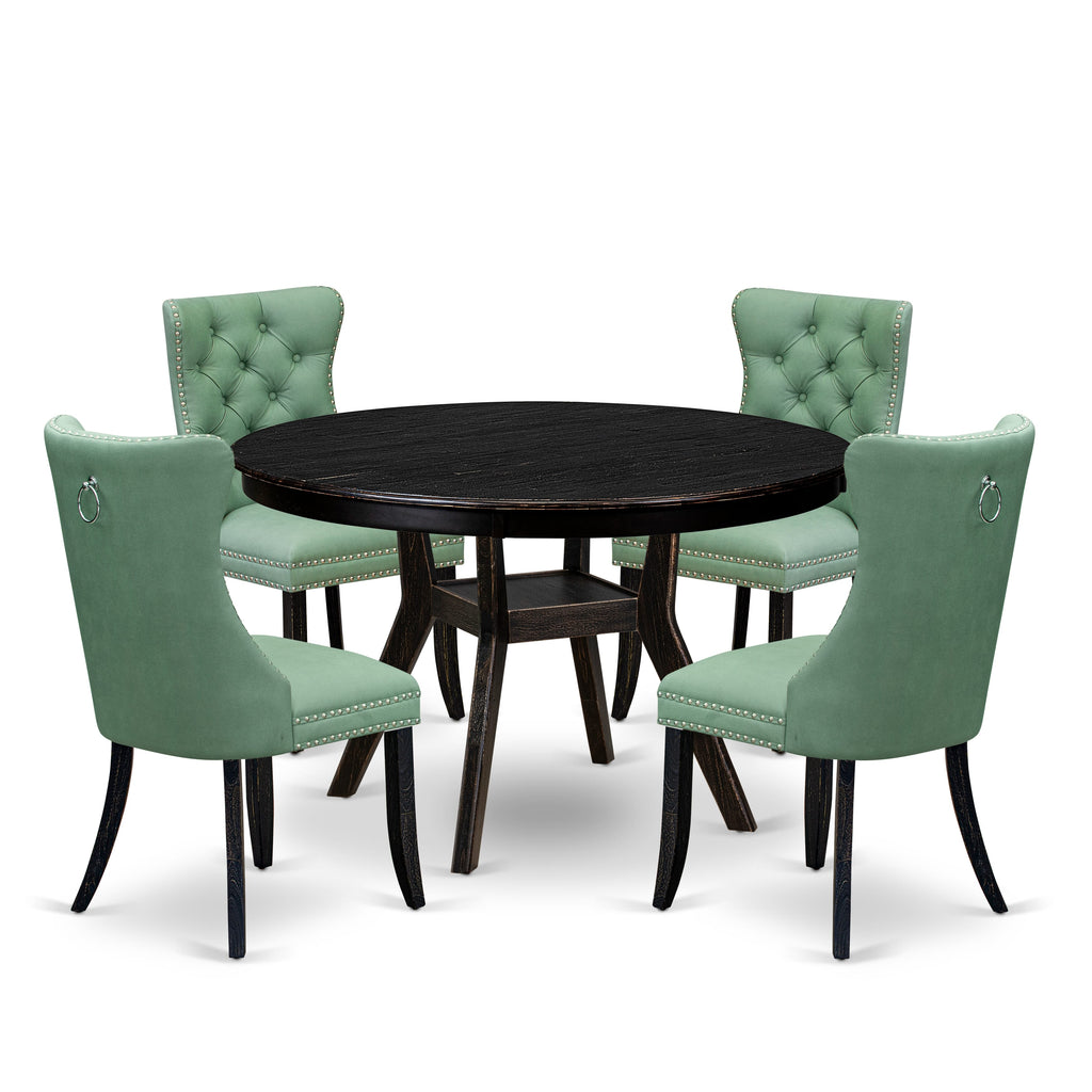 Luxe by East West Furniture F8DA5-411-22 5 Piece Dining Set Consists of a 48" Round Table with Pedestal and 4 Willow Green Faux Leather Upholstered Chairs, Sand Blasted Black