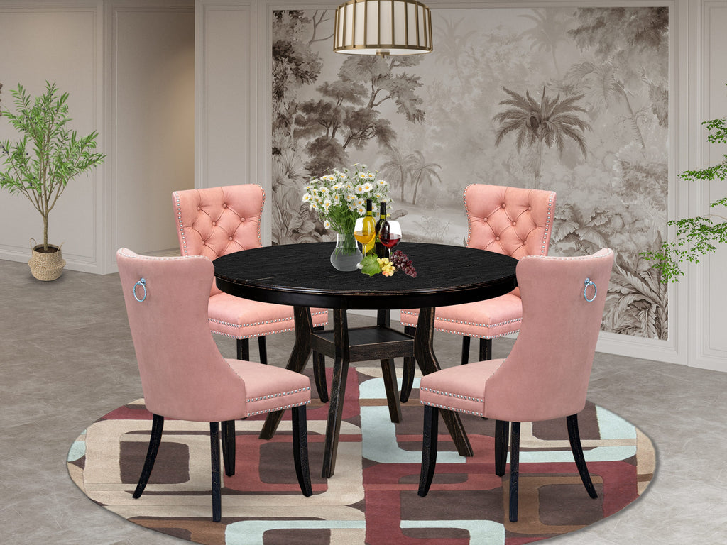 Luxe by East West Furniture F8DA5-411-23 5 Piece Dining Set for 4 Contains a 48" Round Table with Pedestal and 4 Beige Red Faux Leather Upholstered Chairs, Sand Blasted Black