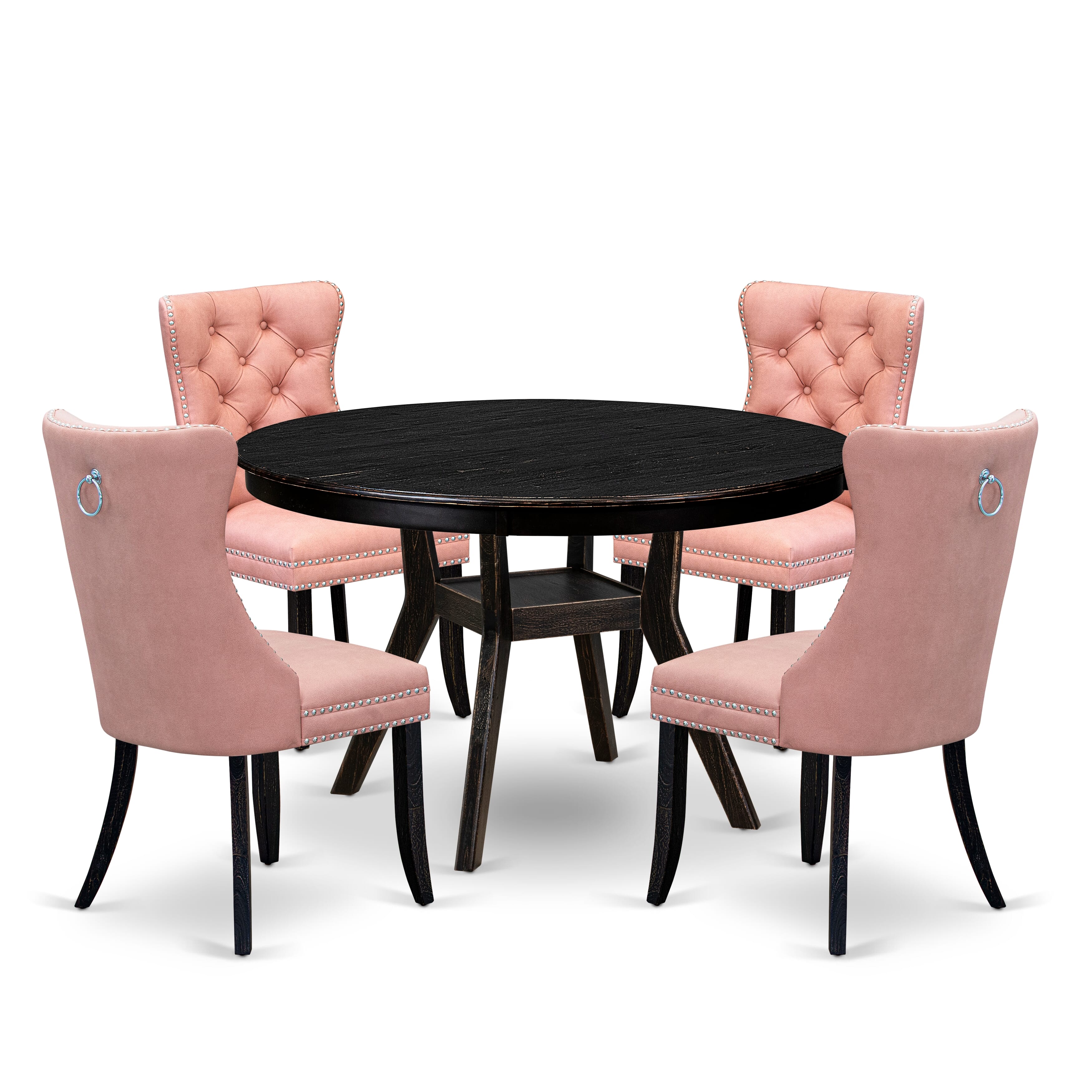 Luxe by East West Furniture F8DA5-411-23 5 Piece Dining Set for 4 Contains a 48" Round Table with Pedestal and 4 Beige Red Faux Leather Upholstered Chairs, Sand Blasted Black