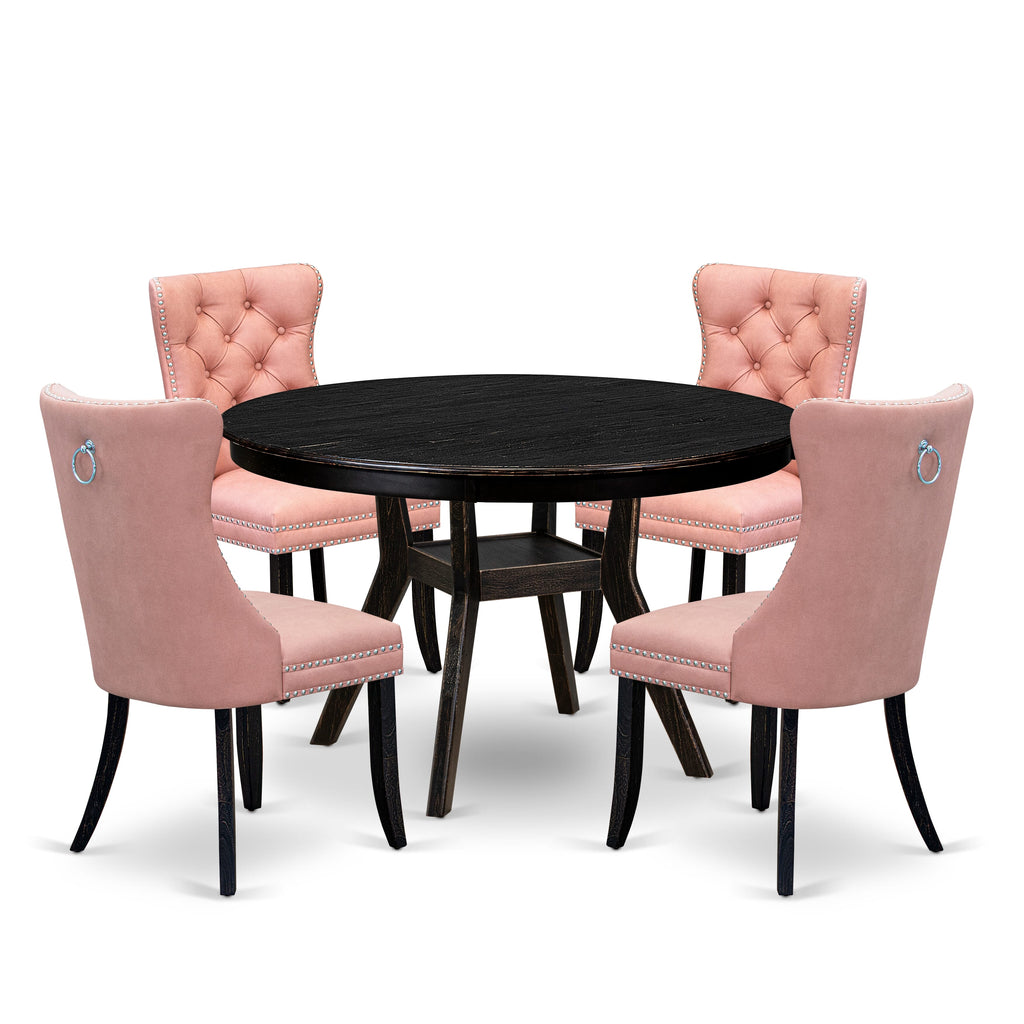 Luxe by East West Furniture F8DA5-411-23 5 Piece Dining Set for 4 Contains a 48" Round Table with Pedestal and 4 Beige Red Faux Leather Upholstered Chairs, Sand Blasted Black