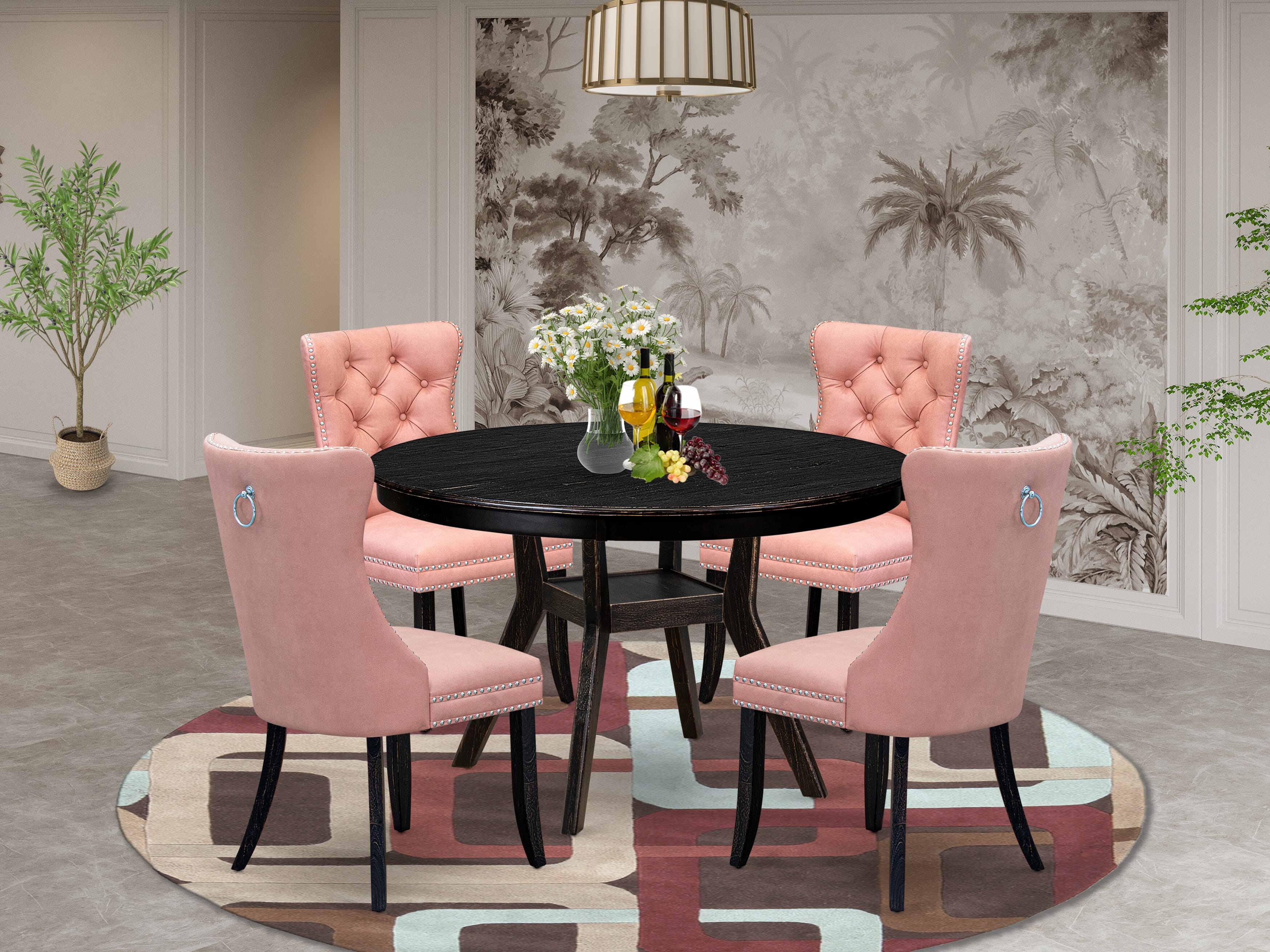 Luxe by East West Furniture F8DA5-411-23 5 Piece Dining Set for 4 Contains a 48" Round Table with Pedestal and 4 Beige Red Faux Leather Upholstered Chairs, Sand Blasted Black