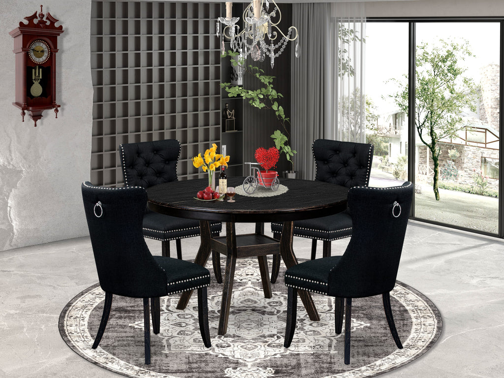Luxe by East West Furniture F8DA5-411-24 5 Piece Dining Room Set Consists of a 48" Round Table with Pedestal and 4 Black Linen Fabric Upholstered Chairs, Sand Blasted Black