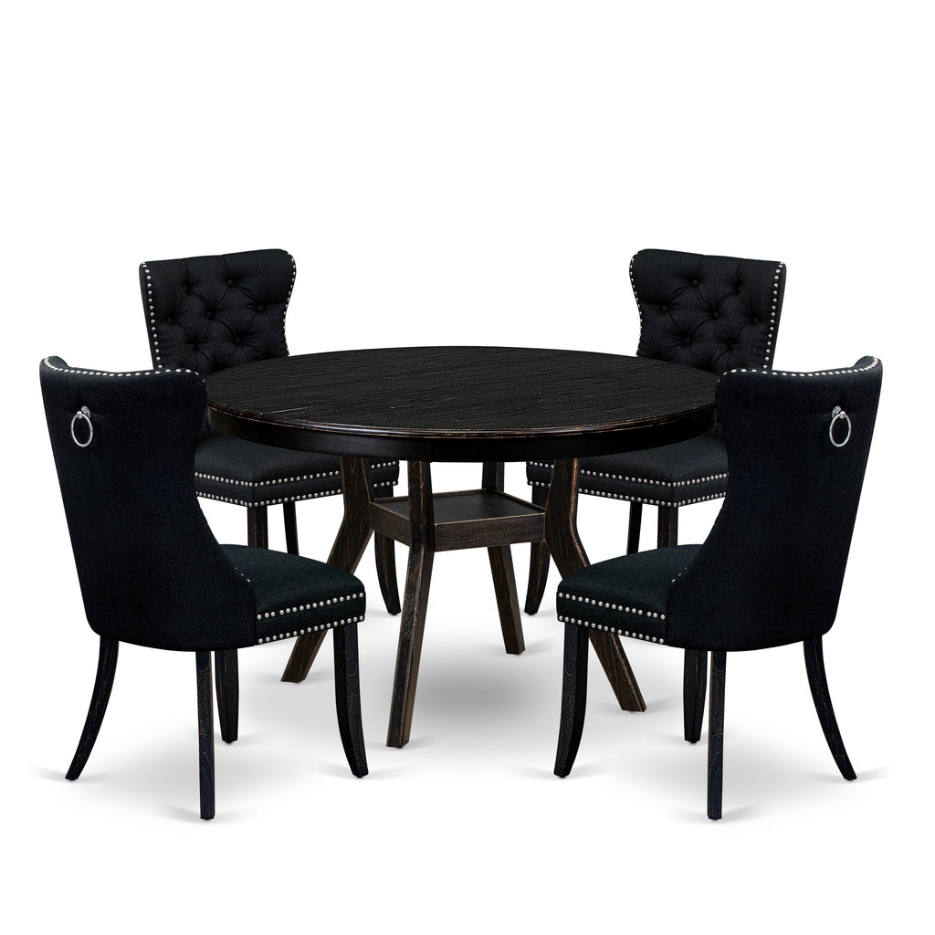 Luxe by East West Furniture F8DA5-411-24 5 Piece Dining Room Set Consists of a 48" Round Table with Pedestal and 4 Black Linen Fabric Upholstered Chairs, Sand Blasted Black